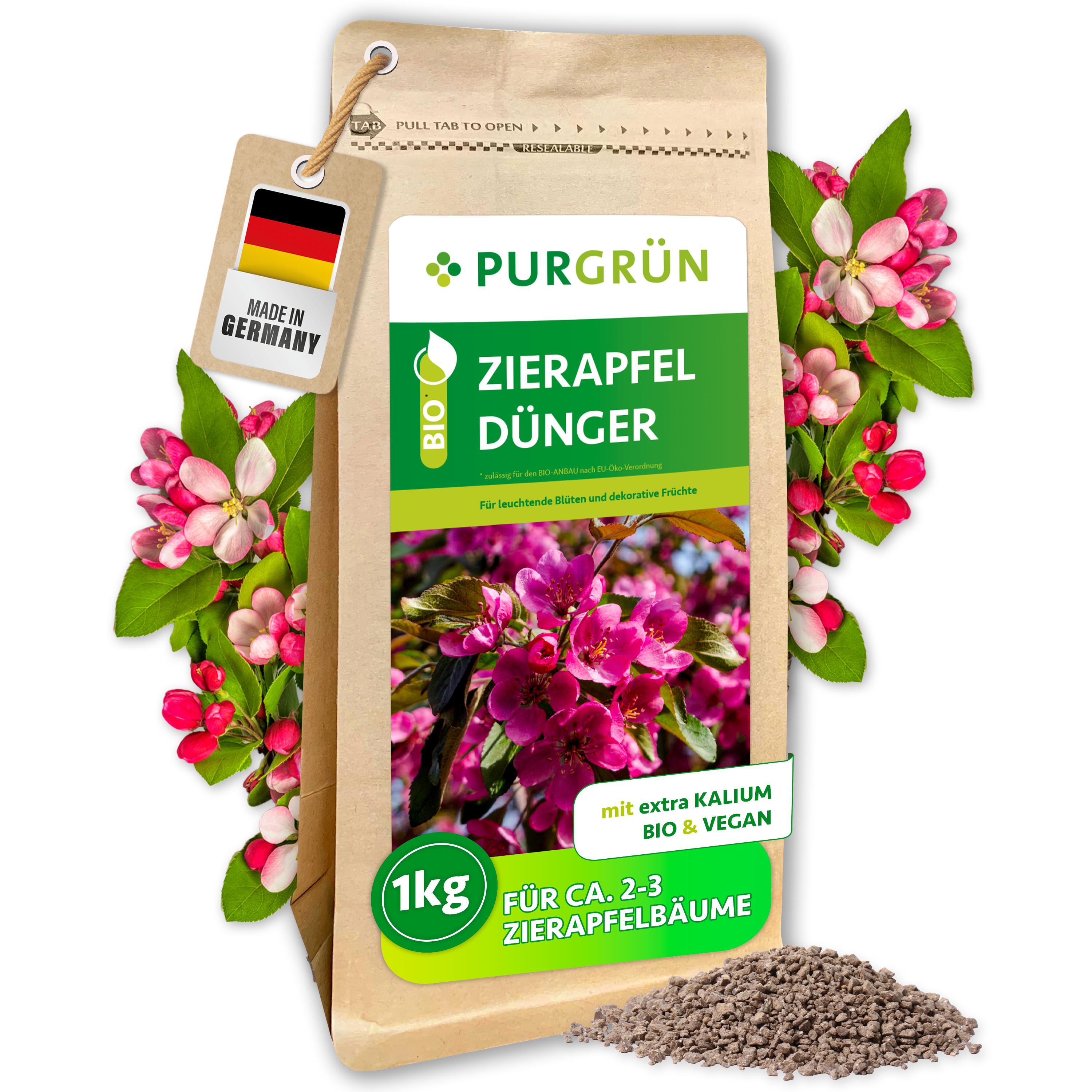 Zierapfel Dünger Bio Granulat 1 kg, vegan, für üppige Blüten & Zierfrüchte – Purgrün