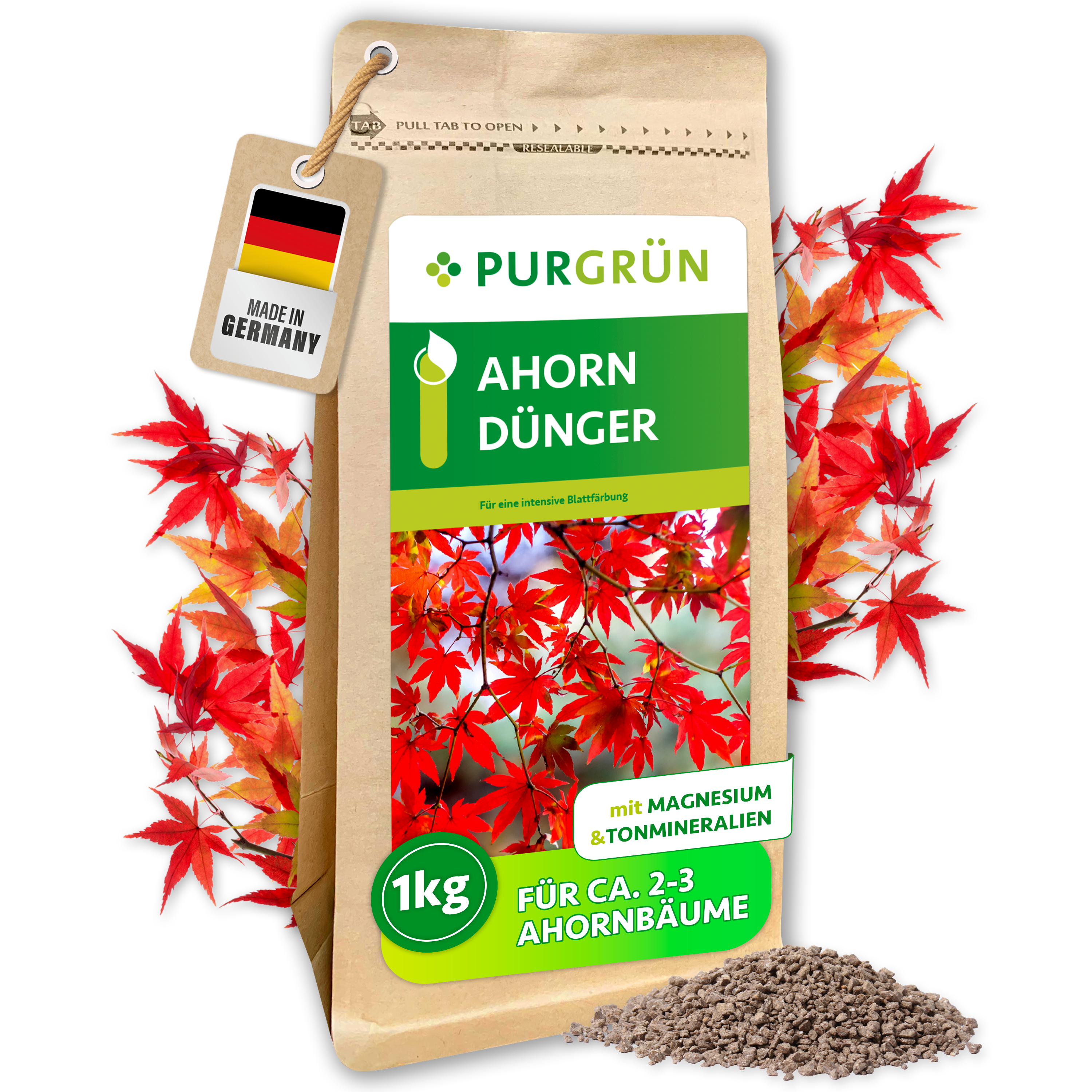 Ahorn Dünger Granulat 1 kg, mit Magnesium gegen Blattverfärbungen, Sofort- & Langzeitwirkung – Purgrün