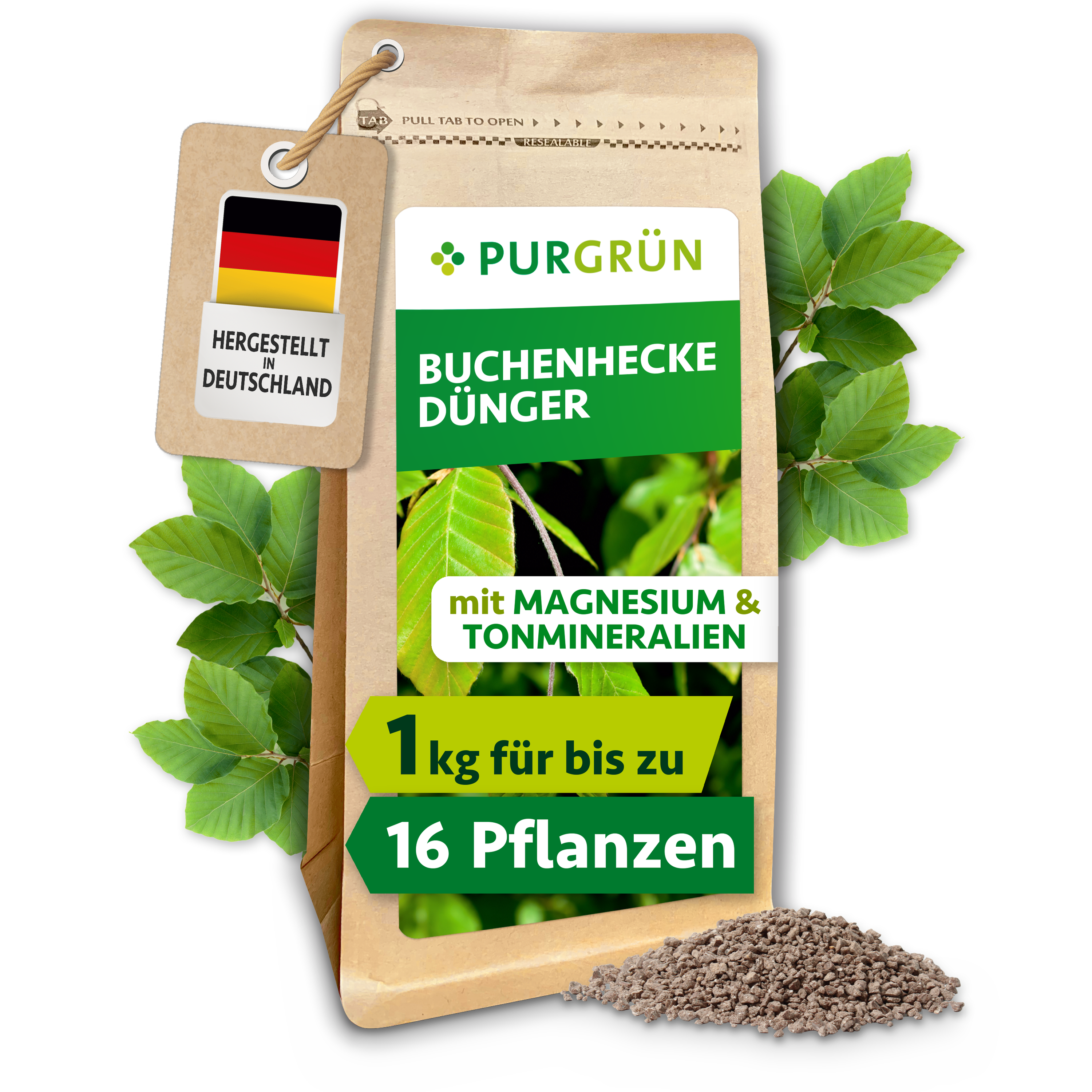 Buchenhecke Dünger Granulat 1 kg, für dichtes tiefgrünes Laub, mit Langzeitwirkung – Purgrün