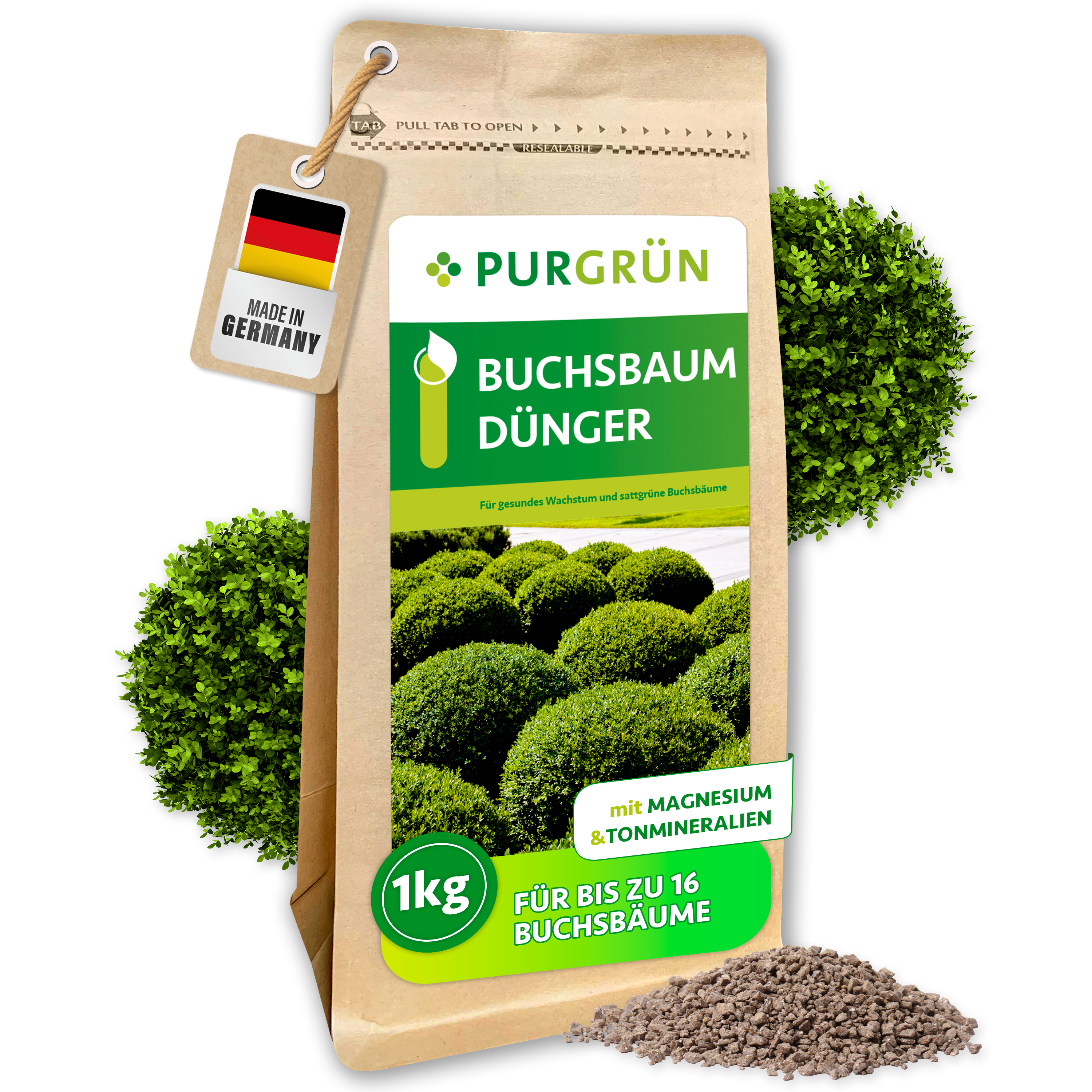 Buchsbaumdünger Granulat 1 kg, gegen Blattverfärbungen, mit Langzeitwirkung – Purgrün