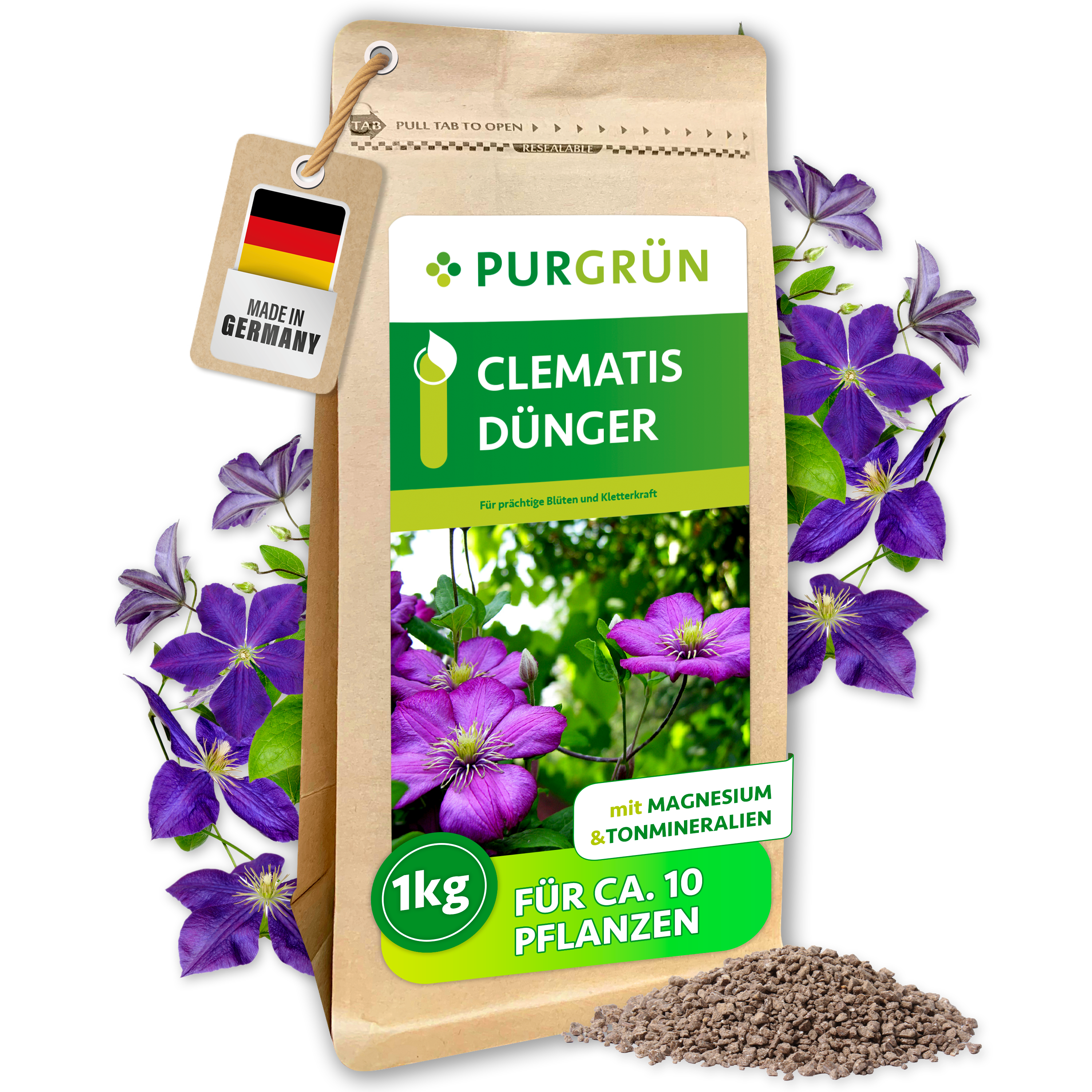 Purgrün / Clematis Dünger Granulat 1 kg, für üppige Blüten & starke Ranken, Sofort- & Langzeitwirkung