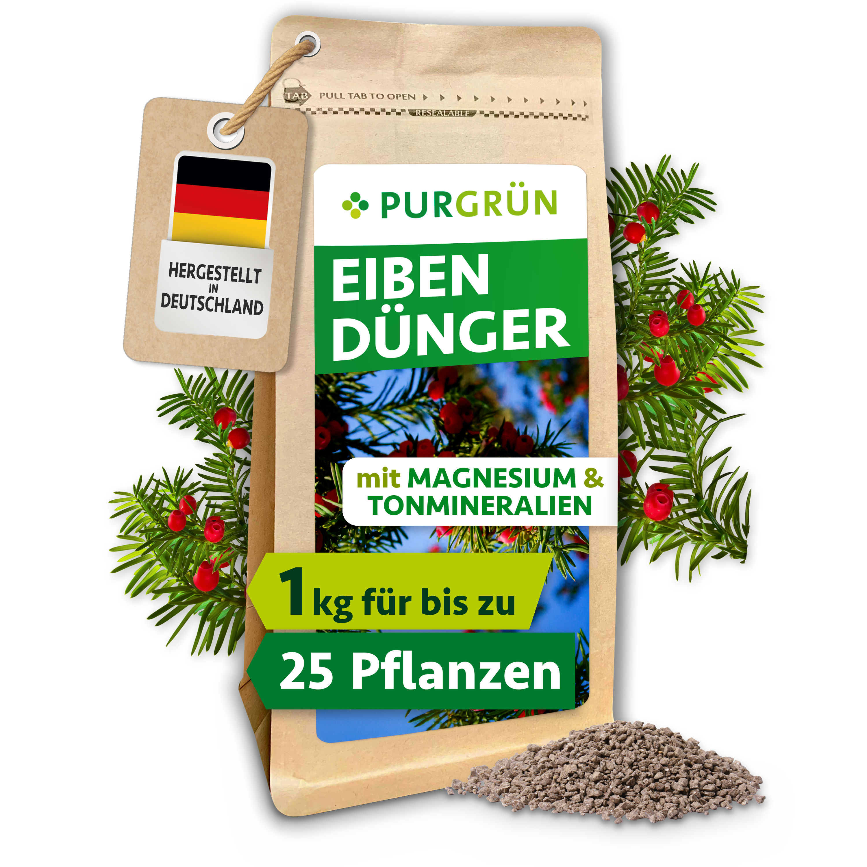 Purgrün | Eibendünger für Eibenhecken Granulat 1 kg, mit 4 % Magnesiumoxid für tiefgrüne Nadeln, mit Langzeitwirkung