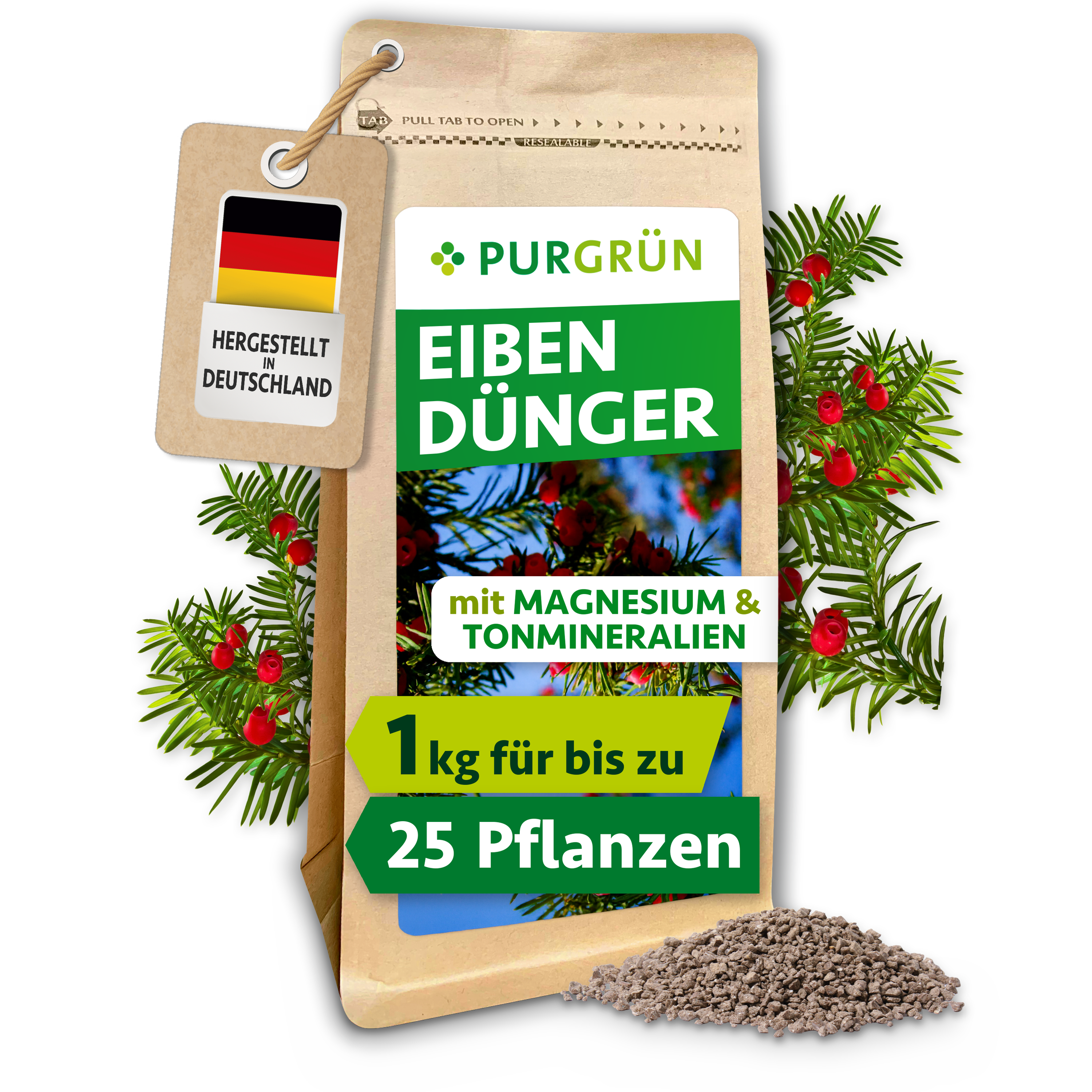 Purgrün | Eibendünger für Eibenhecken Granulat 1 kg, mit 4 % Magnesiumoxid für tiefgrüne Nadeln, mit Langzeitwirkung