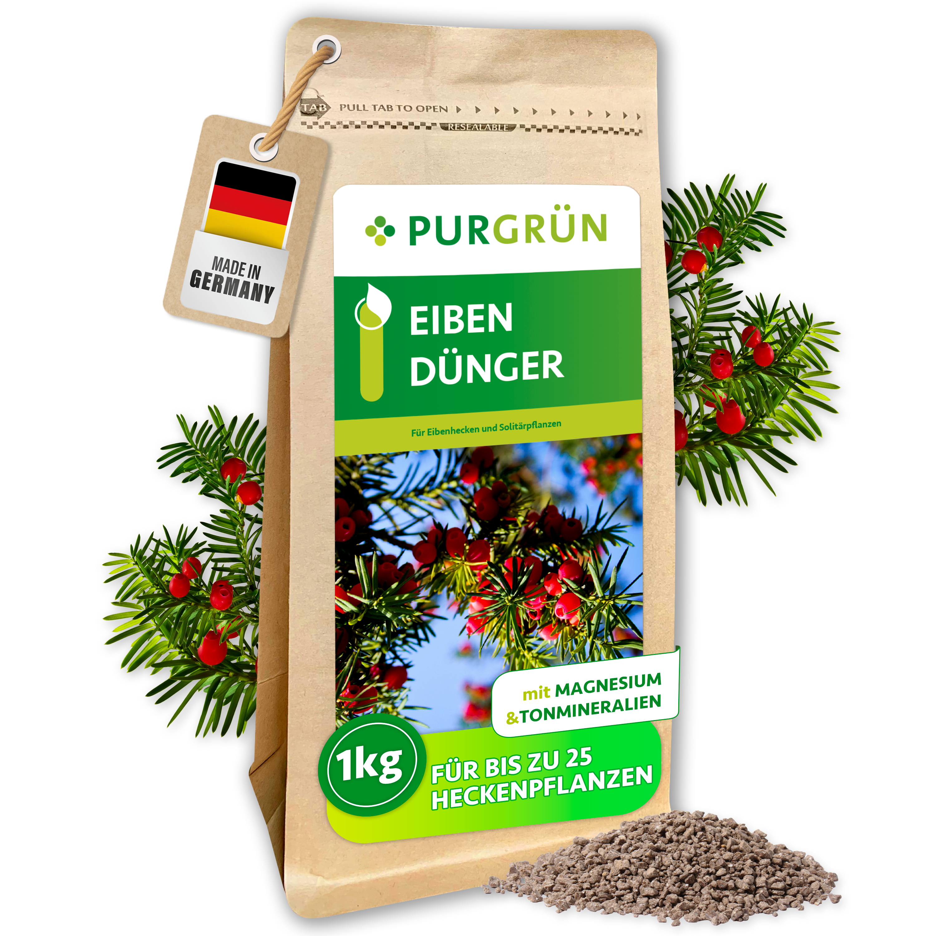 Purgrün / Eibendünger für Eibenhecken Granulat 1 kg, mit 4 % Magnesium für tiefgrüne Nadeln, mit Langzeitwirkung