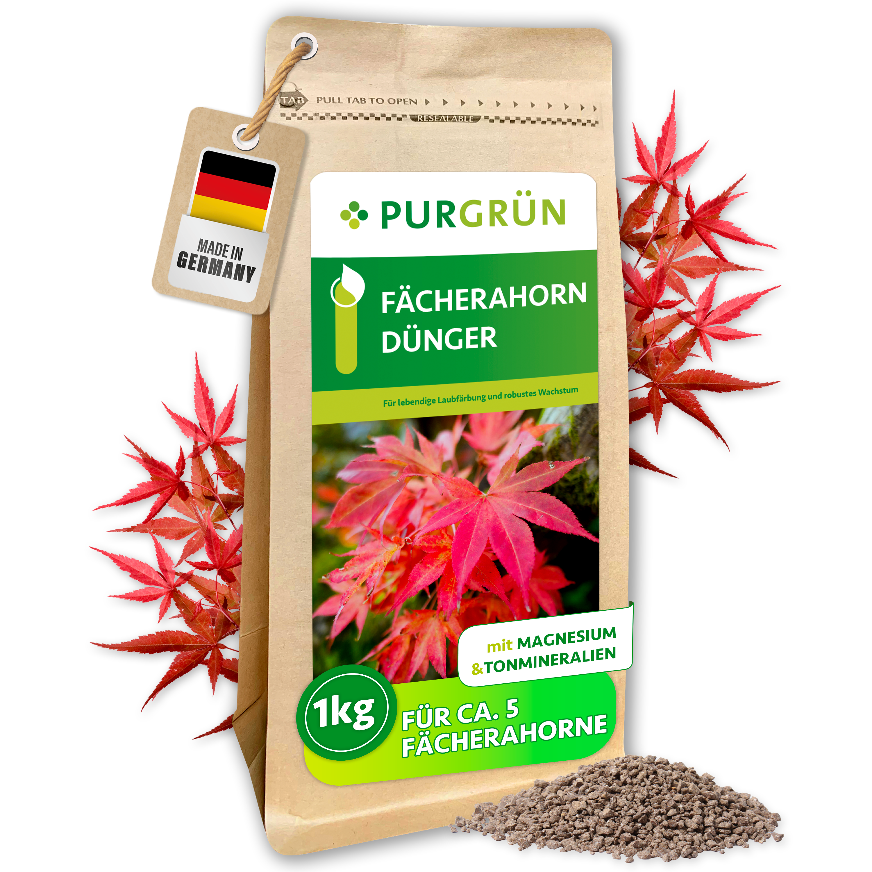 Purgrün / Fächerahorn Dünger Granulat 1 kg, für leuchtende Blattfarben, Sofort- & Langzeitwirkung