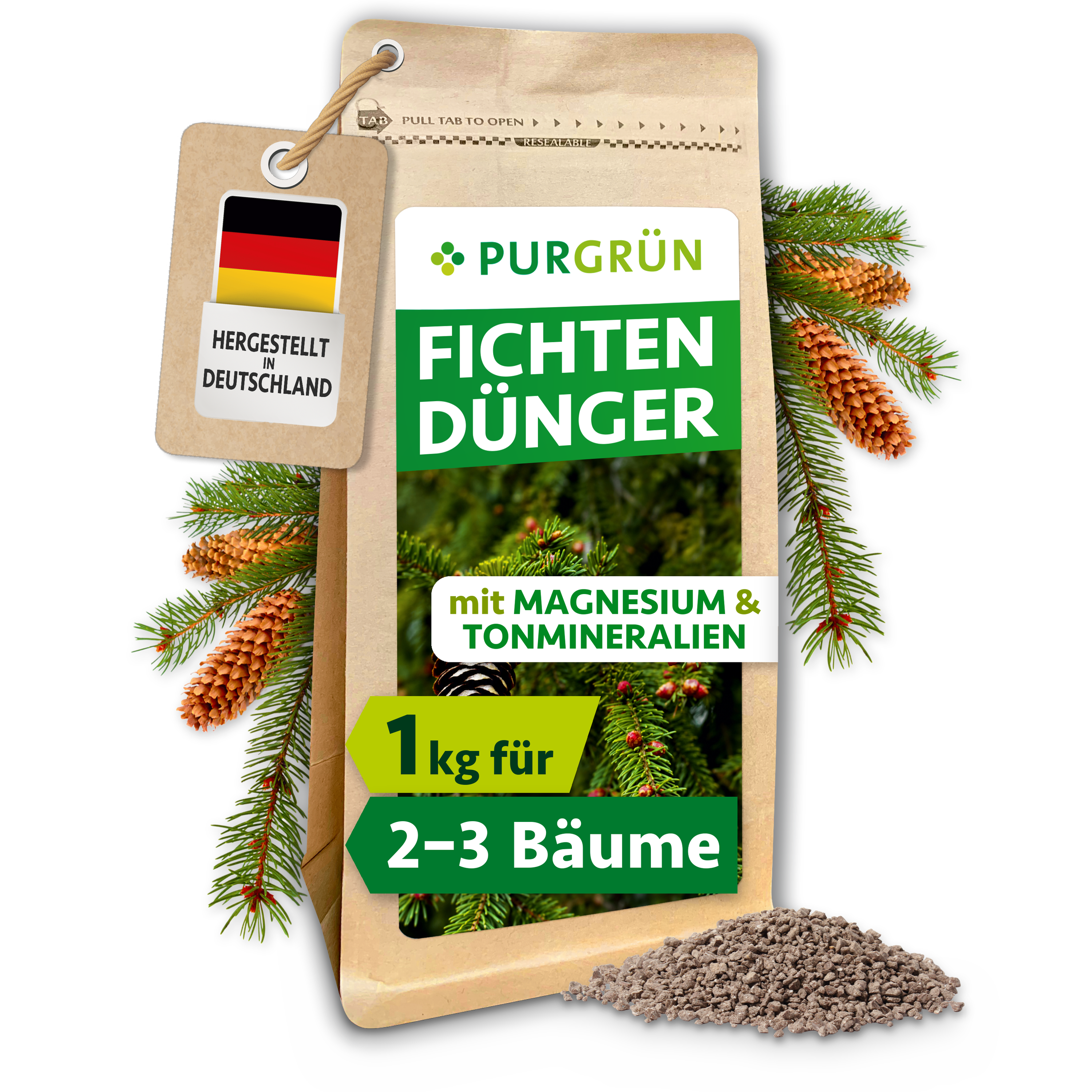 Fichten Dünger Granulat 1 kg für 20 m², mit 4 % Magnesiumoxid gegen Nadelverfärbungen – Purgrün