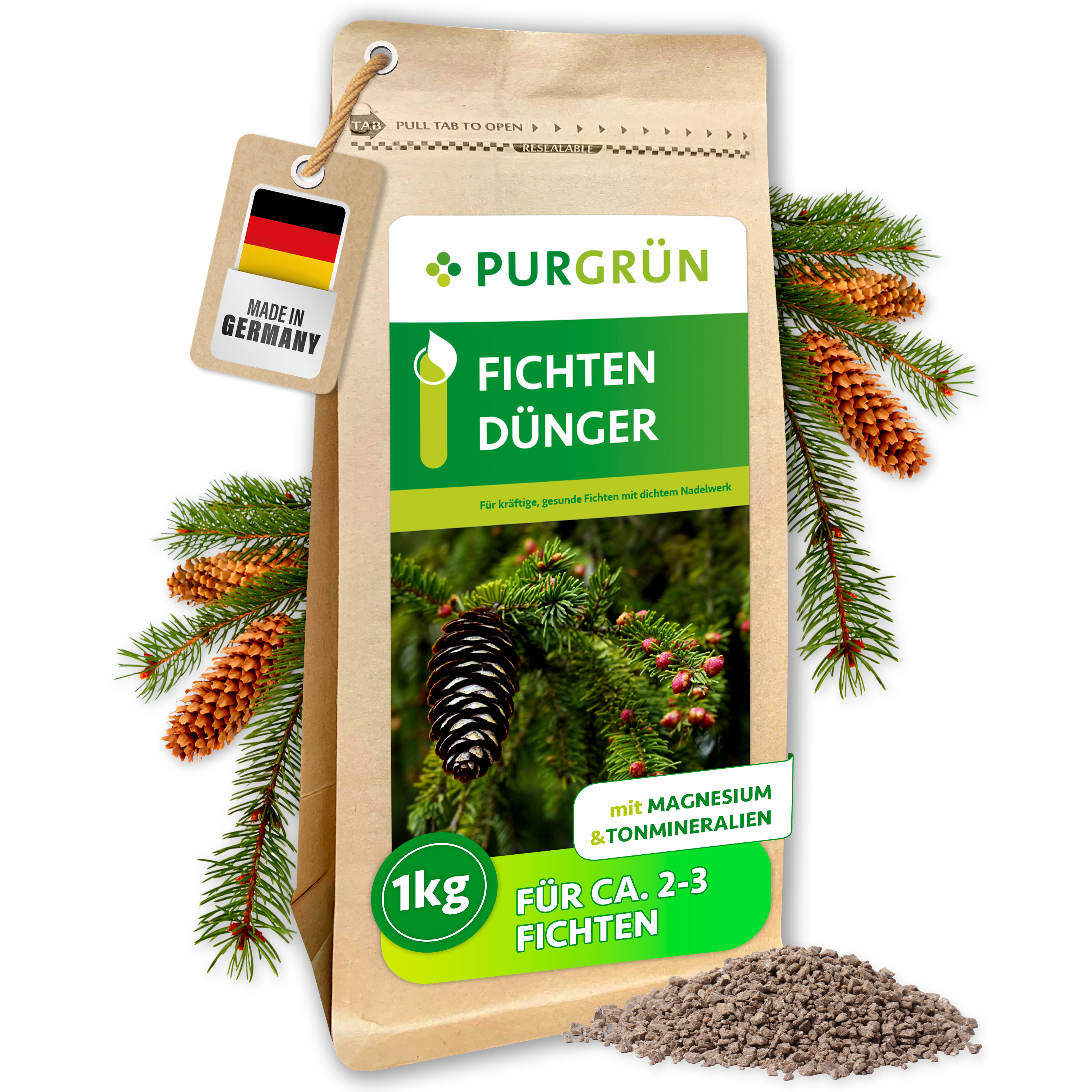 Fichten Dünger Granulat 1 kg für 20 m², mit 4 % Magnesium gegen Nadelverfärbungen – Purgrün