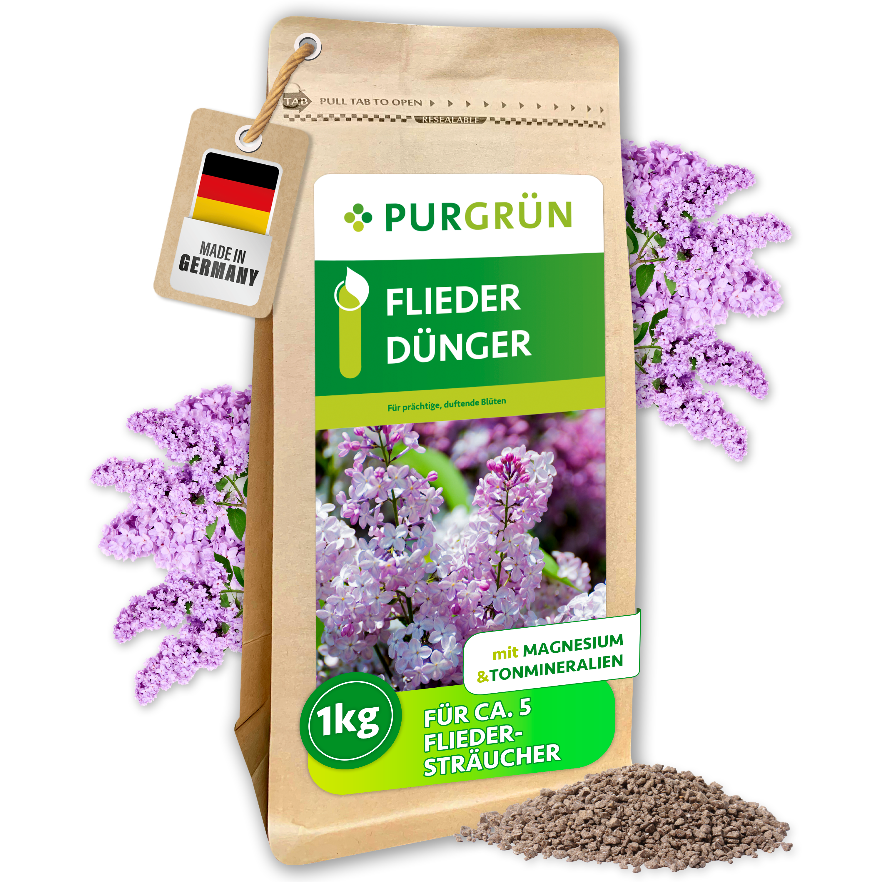 Purgrün / Fliederdünger Granulat 1 kg, für üppige duftende Blüten, Sofort- & Langzeitwirkung