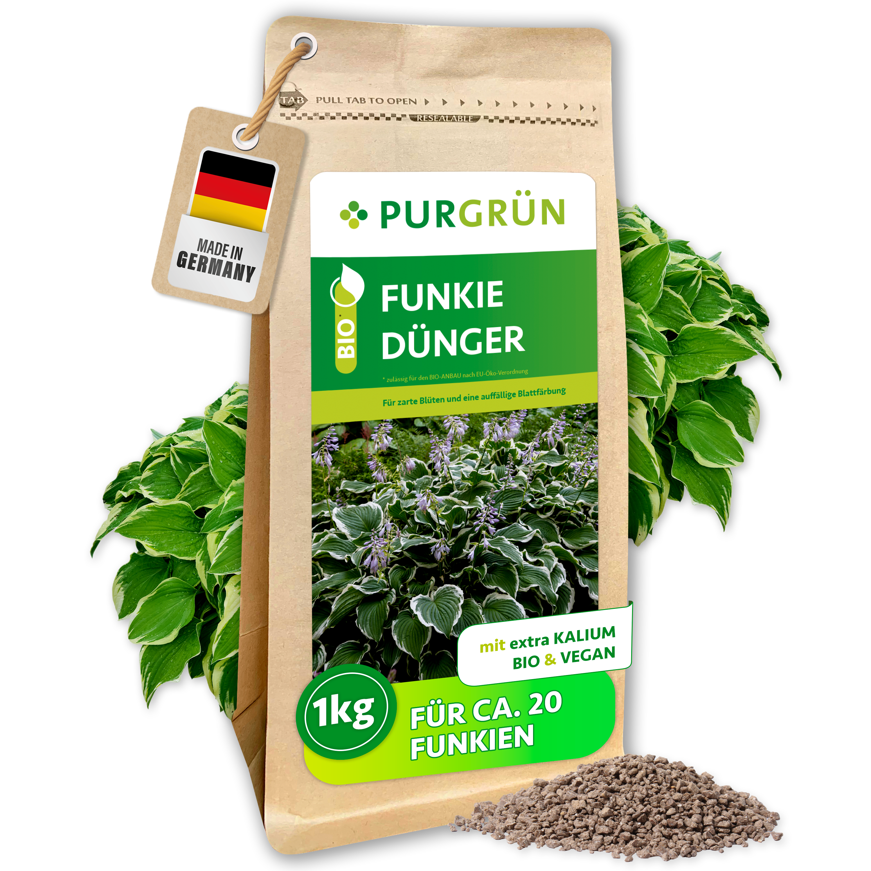 Purgrün / Funkie Dünger Bio Granulat 1 kg, organisch, für sattgrüne Blätter, Sofort- & Langzeitwirkung