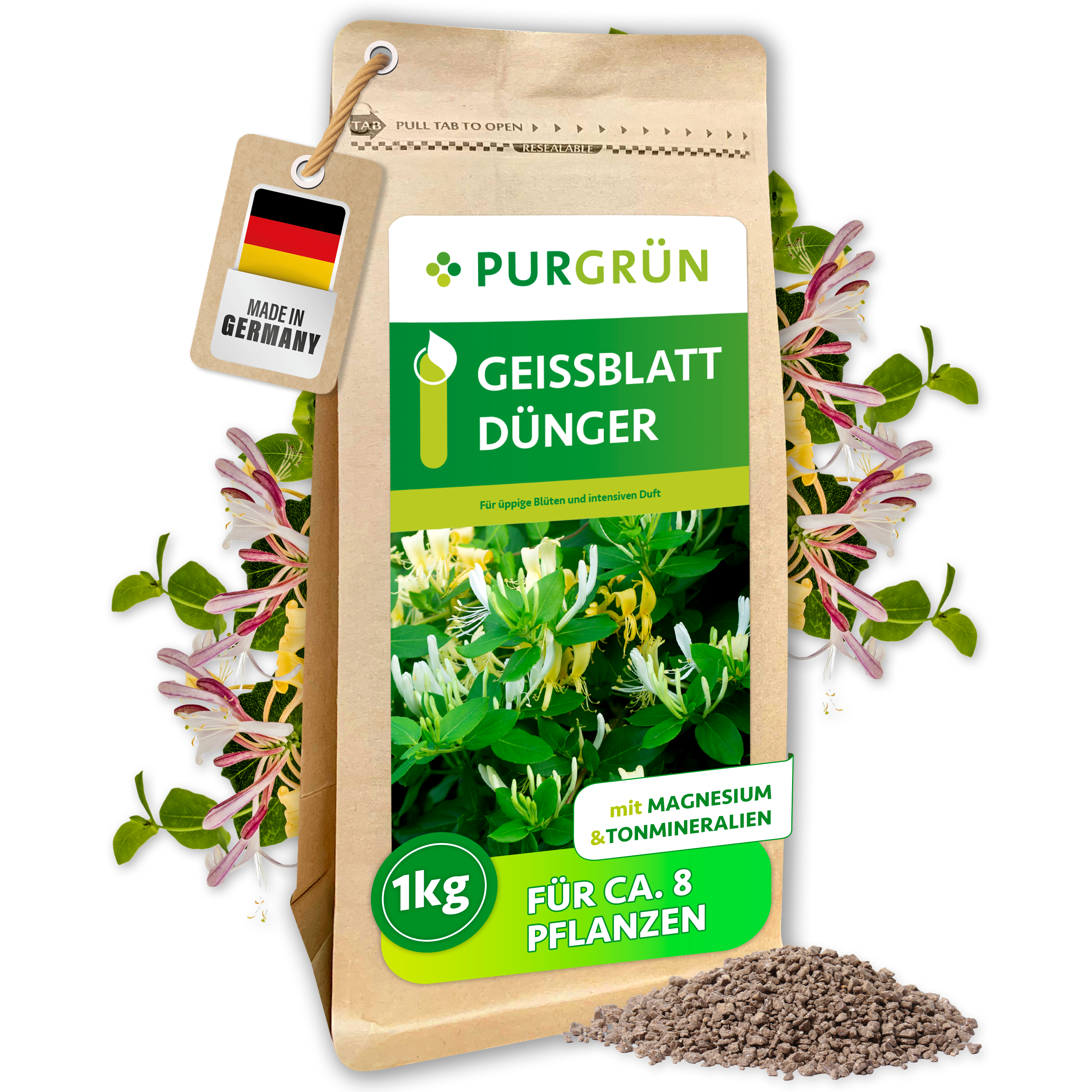 Purgrün / Geißblatt Dünger Granulat 1 kg, für duftende Blüten, Sofort- & Langzeitwirkung