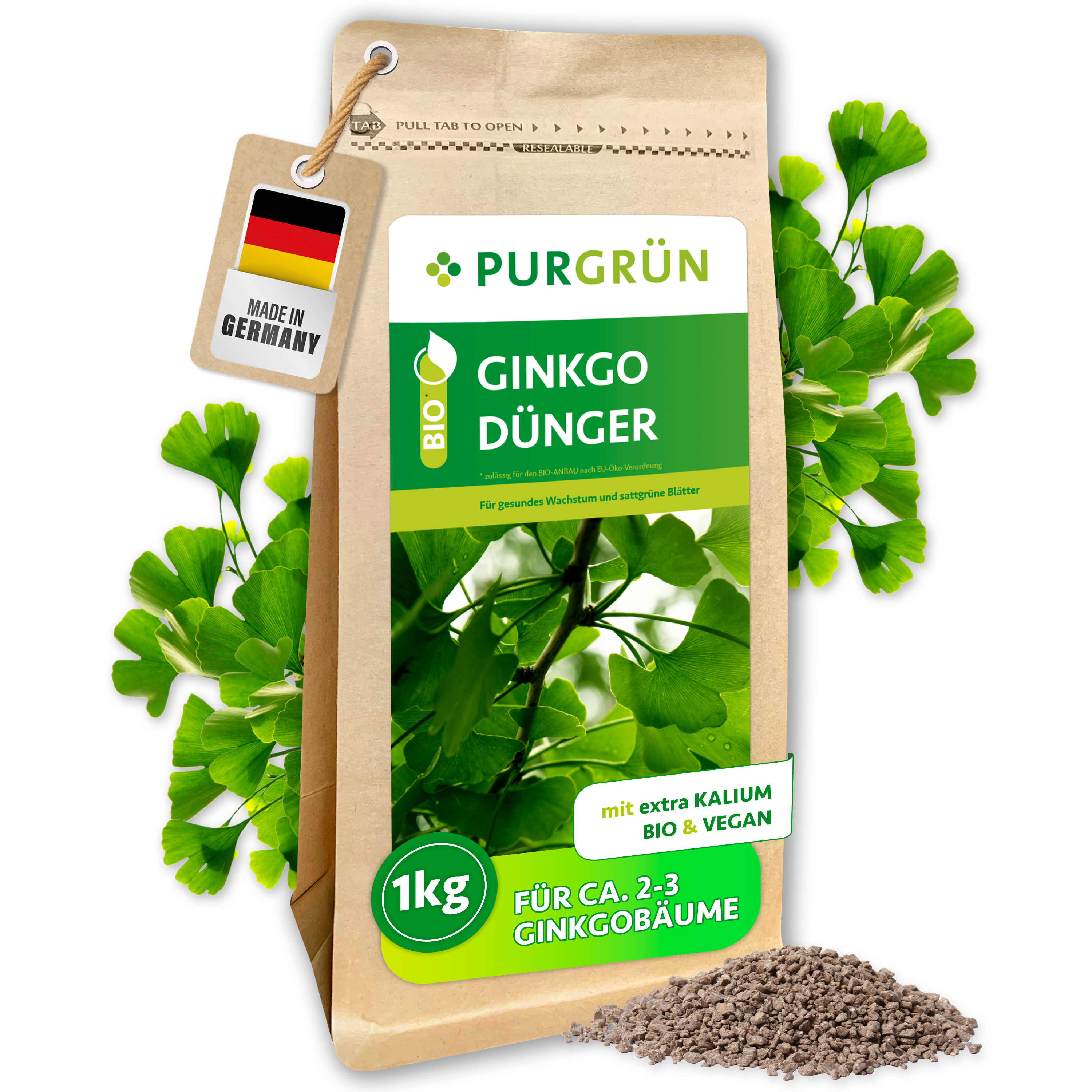 Purgrün / Ginkgo Dünger Bio Granulat 1 kg, vegan, mit Langzeitwirkung bis 6 Monate