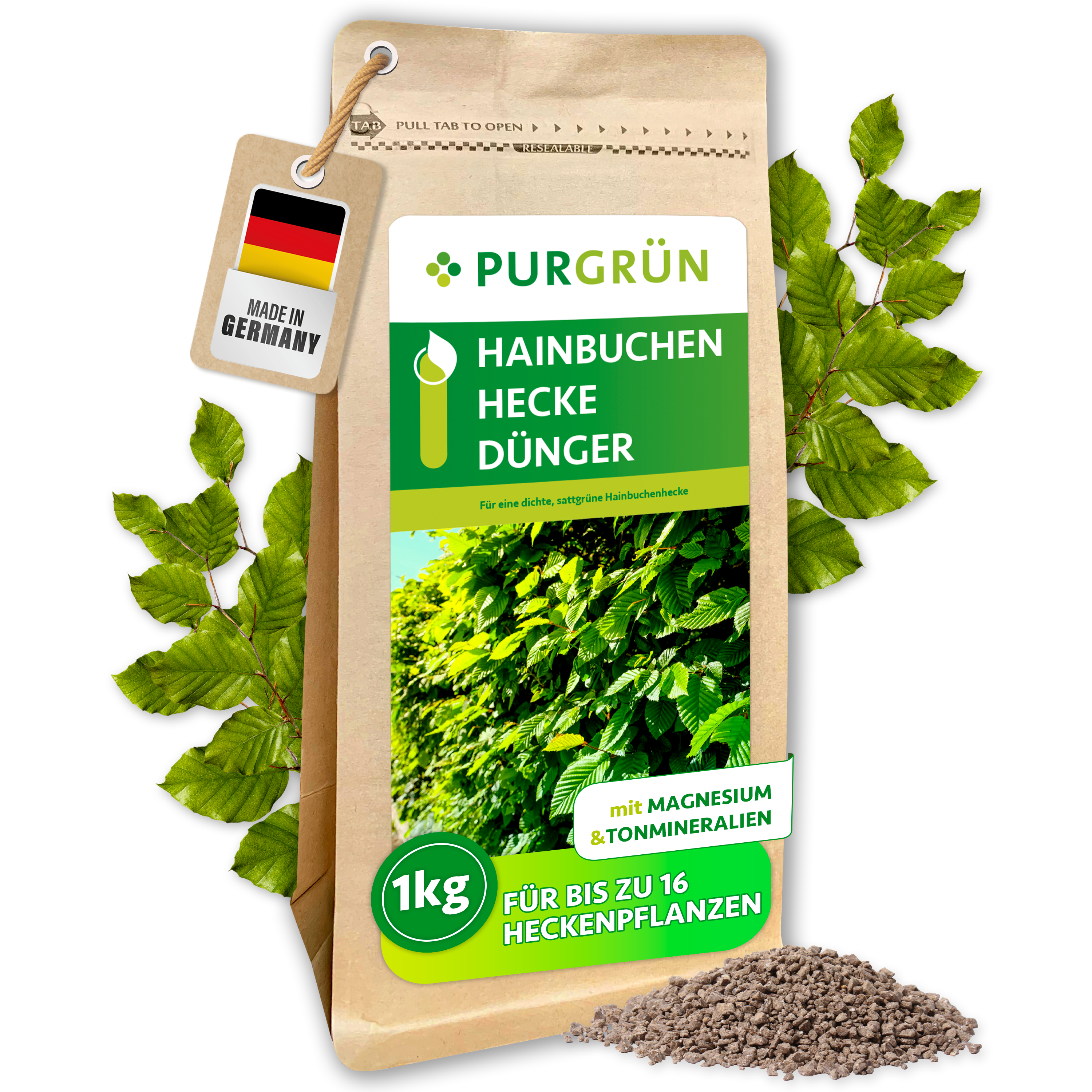 Hainbuchenhecke Dünger Granulat 1 kg für 20 m², gegen Blattverfärbungen, mit Langzeitwirkung – Purgrün