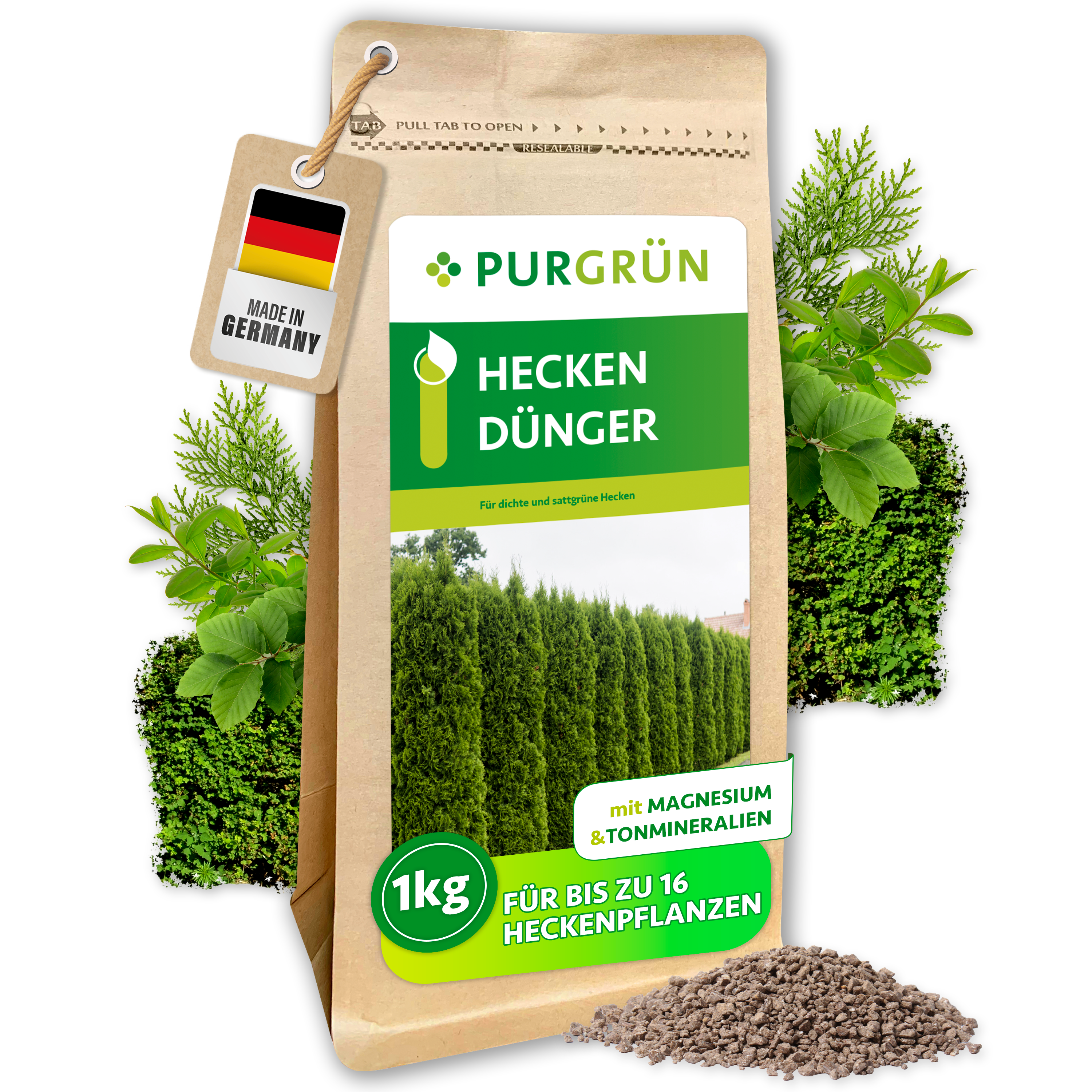 Heckendünger Granulat 1 kg, Sofort- & Langzeitwirkung, gegen Blattvergilbung – Purgrün