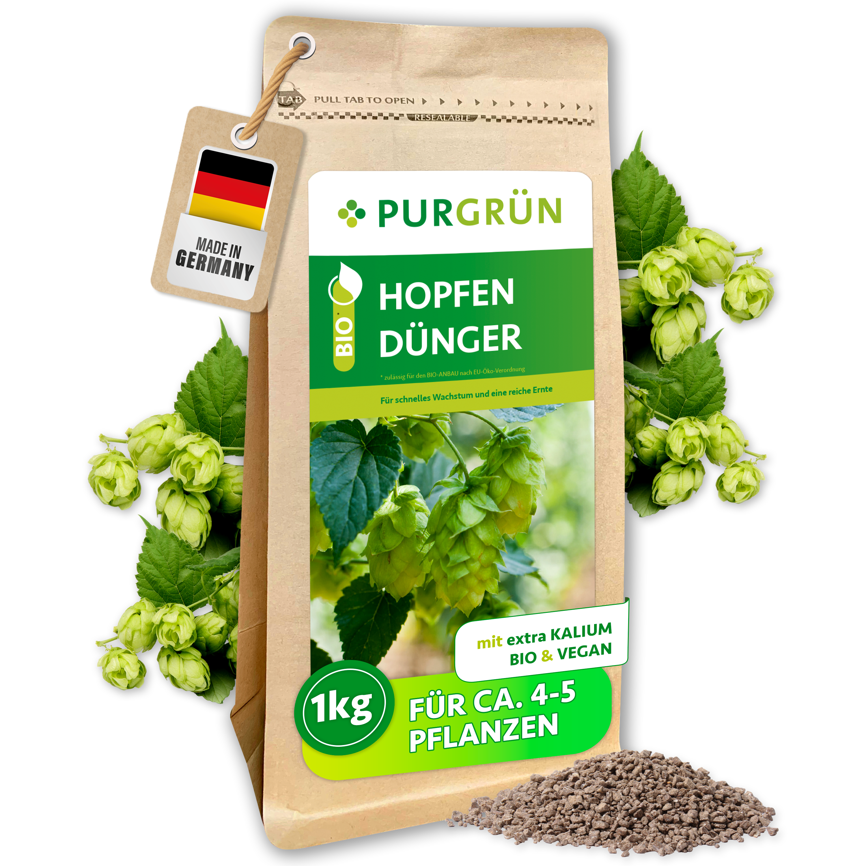 Hopfen Dünger Bio Granulat 1 kg, organisch, für kräftige Triebe, gegen Blattverfärbungen – Purgrün