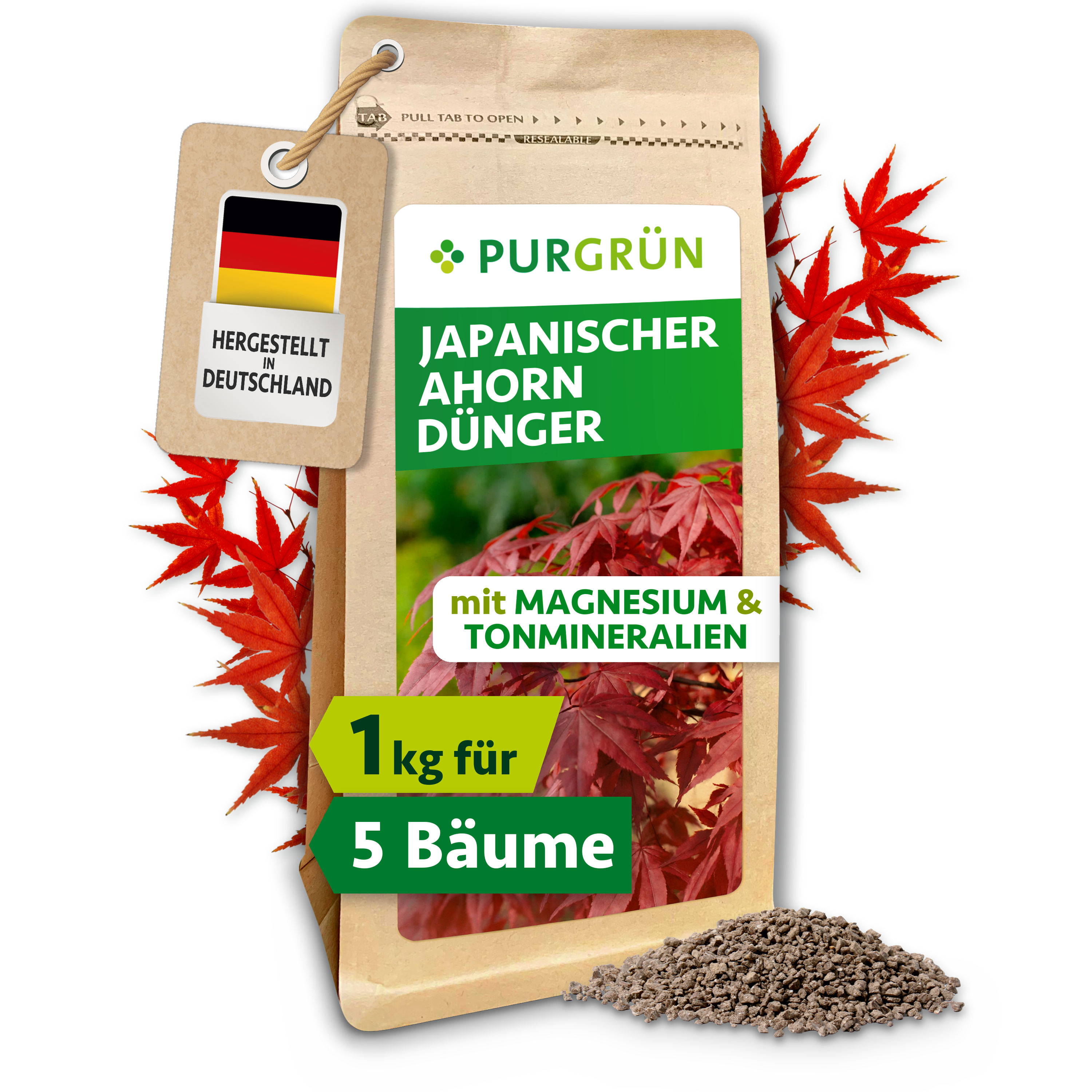 Purgrün | Japanischer-Ahorn Dünger Granulat 1 kg, für leuchtende Blattfarben, Langzeitwirkung