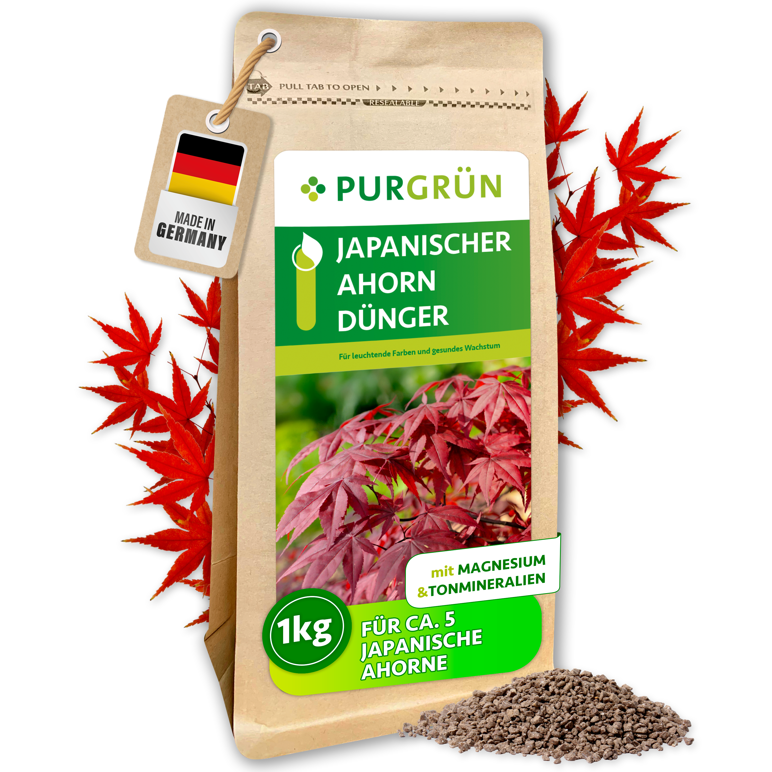 Purgrün / Japanischer-Ahorn Dünger Granulat 1 kg, für leuchtende Blattfarben, Sofort- & Langzeitwirkung