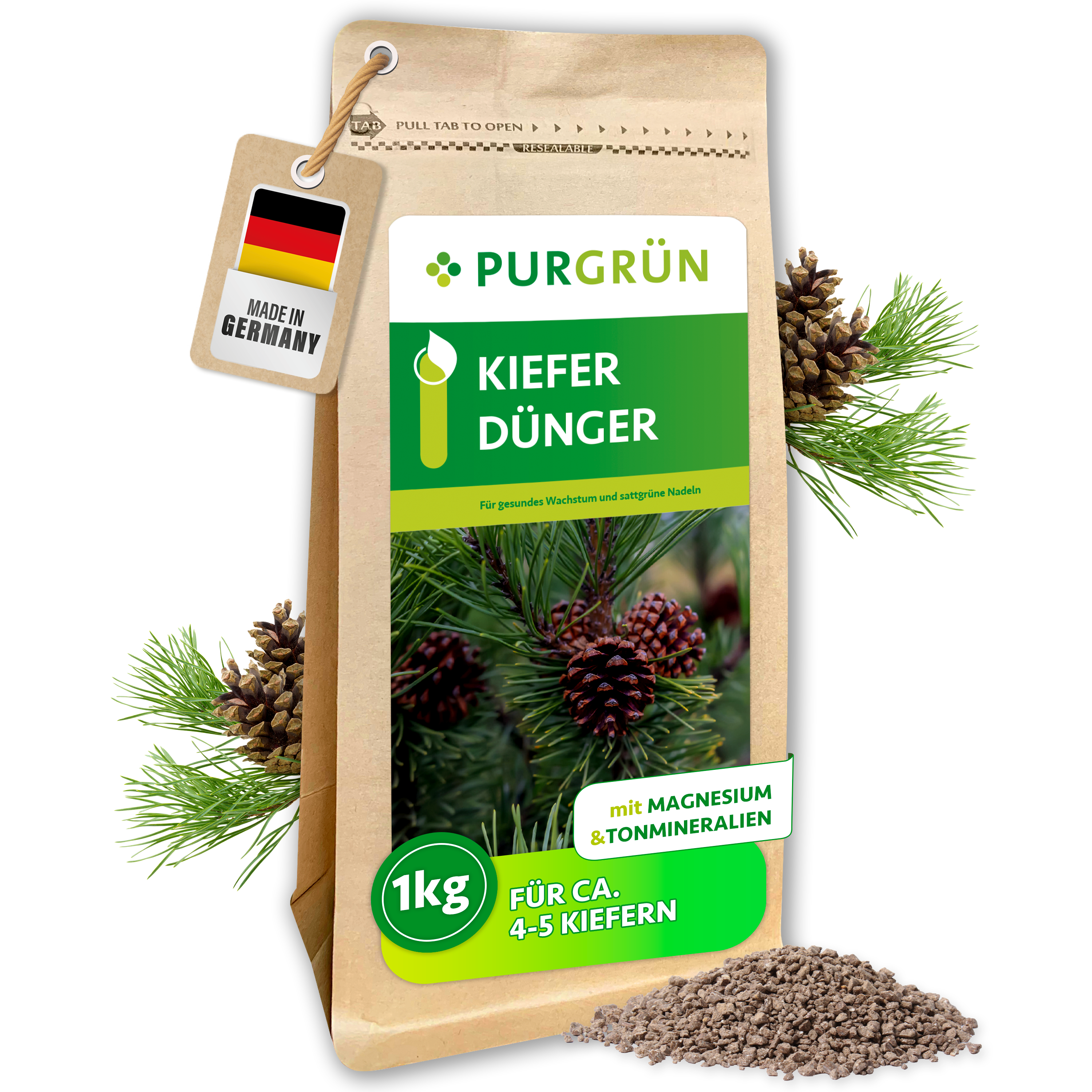 Purgrün / Kiefer Dünger Granulat 1 kg, mit Magnesium gegen Nadelvergilbung, Sofort- & Langzeitwirkung
