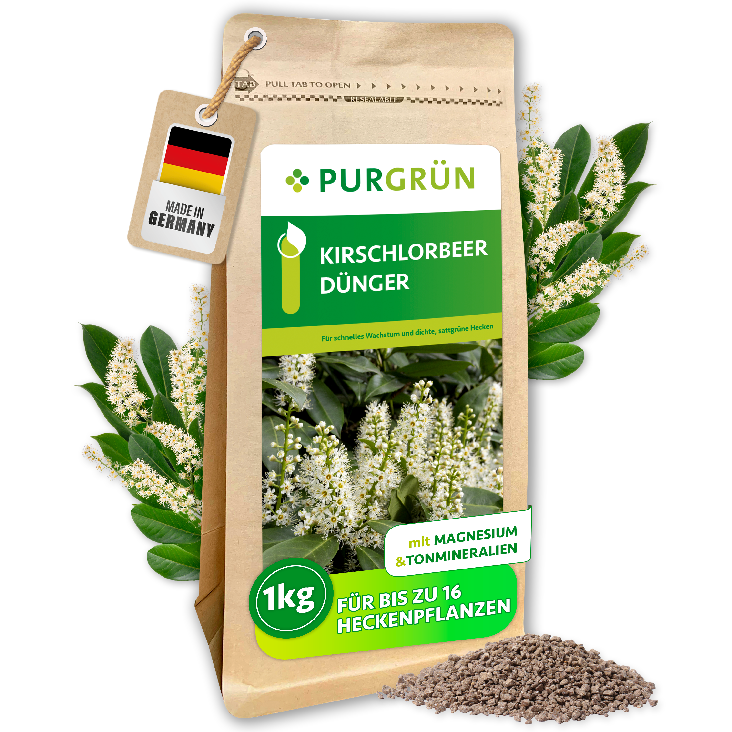 Purgrün / Kirschlorbeer Dünger Granulat 1 kg, mit Magnesium gegen Blattverfärbungen, für dichte Hecken