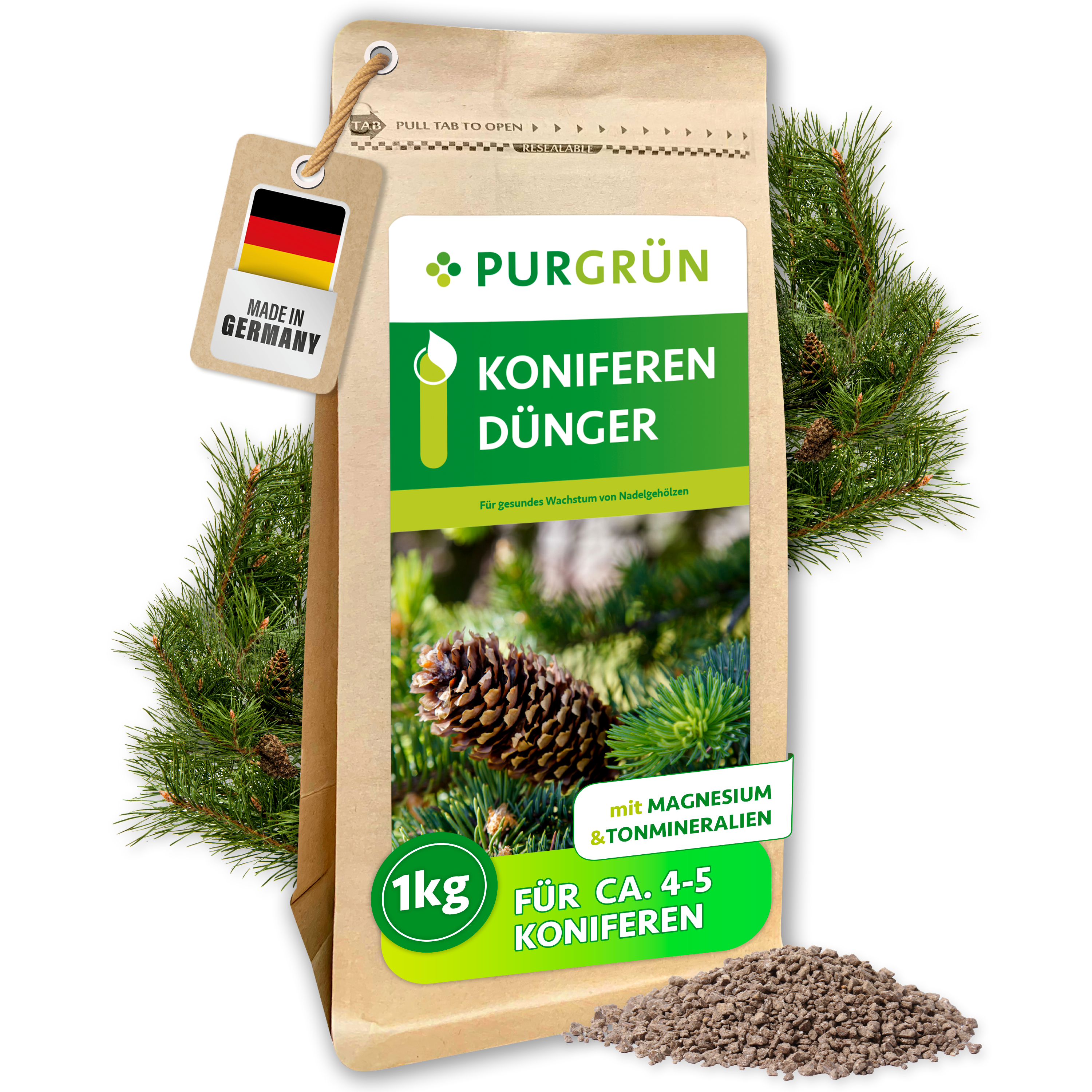 Purgrün / Koniferendünger Granulat 1 kg, mit Magnesium gegen Nadelverfärbungen, Sofort- & Langzeitwirkung
