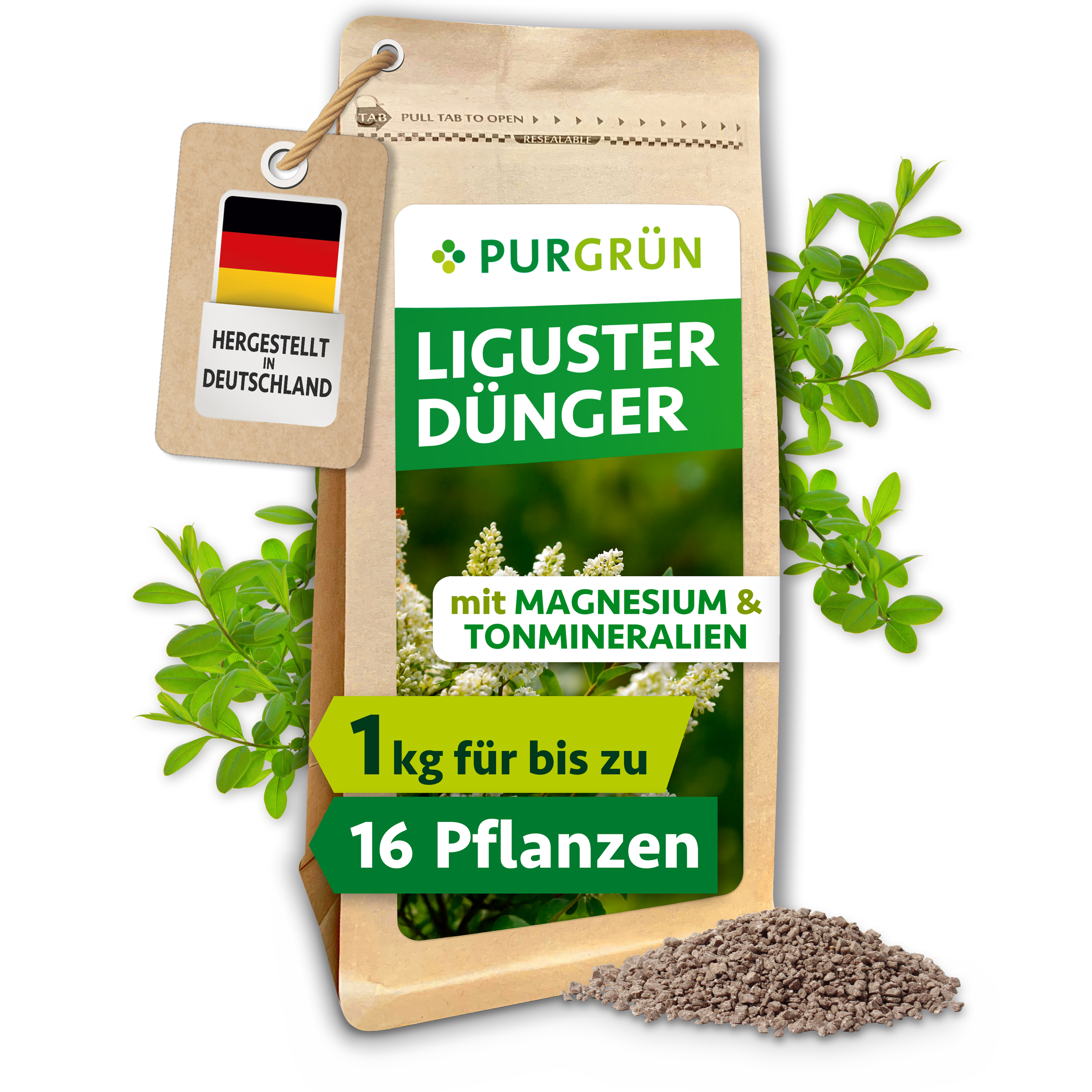 Purgrün | Liguster Dünger Granulat 1 kg, für dichte tiefgrüne Hecken, Langzeitwirkung