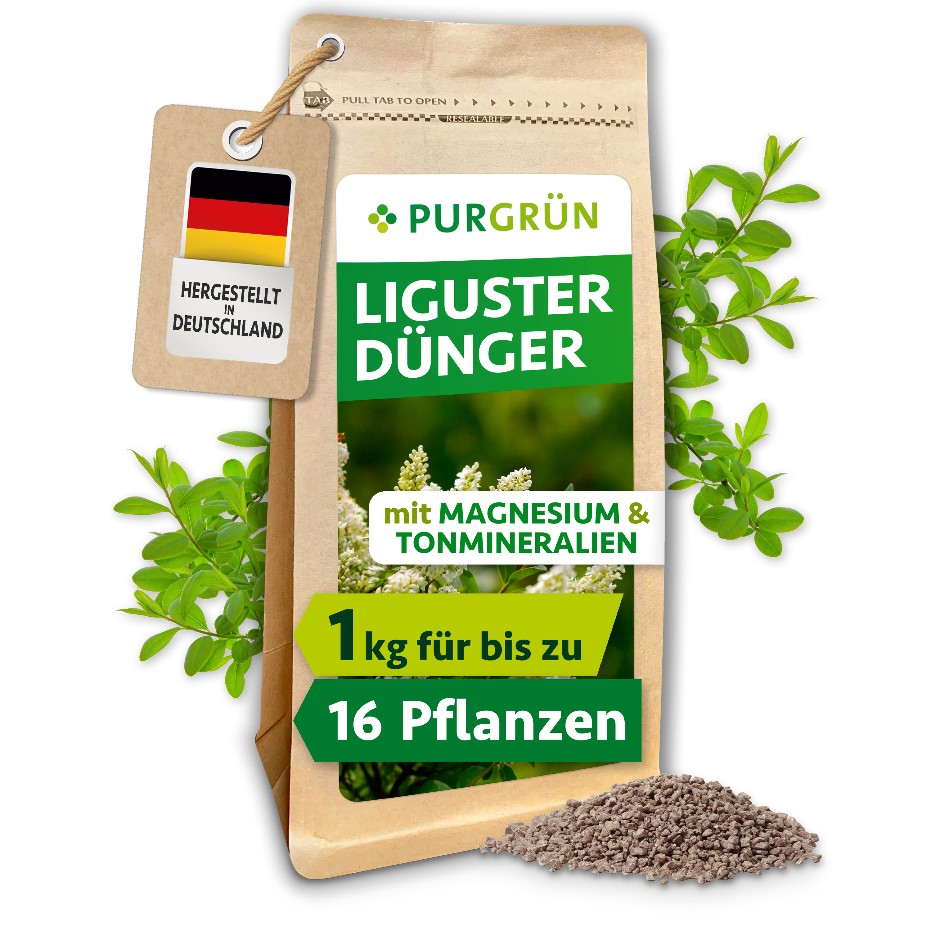 Purgrün | Liguster Dünger Granulat 1 kg, für dichte tiefgrüne Hecken, Langzeitwirkung