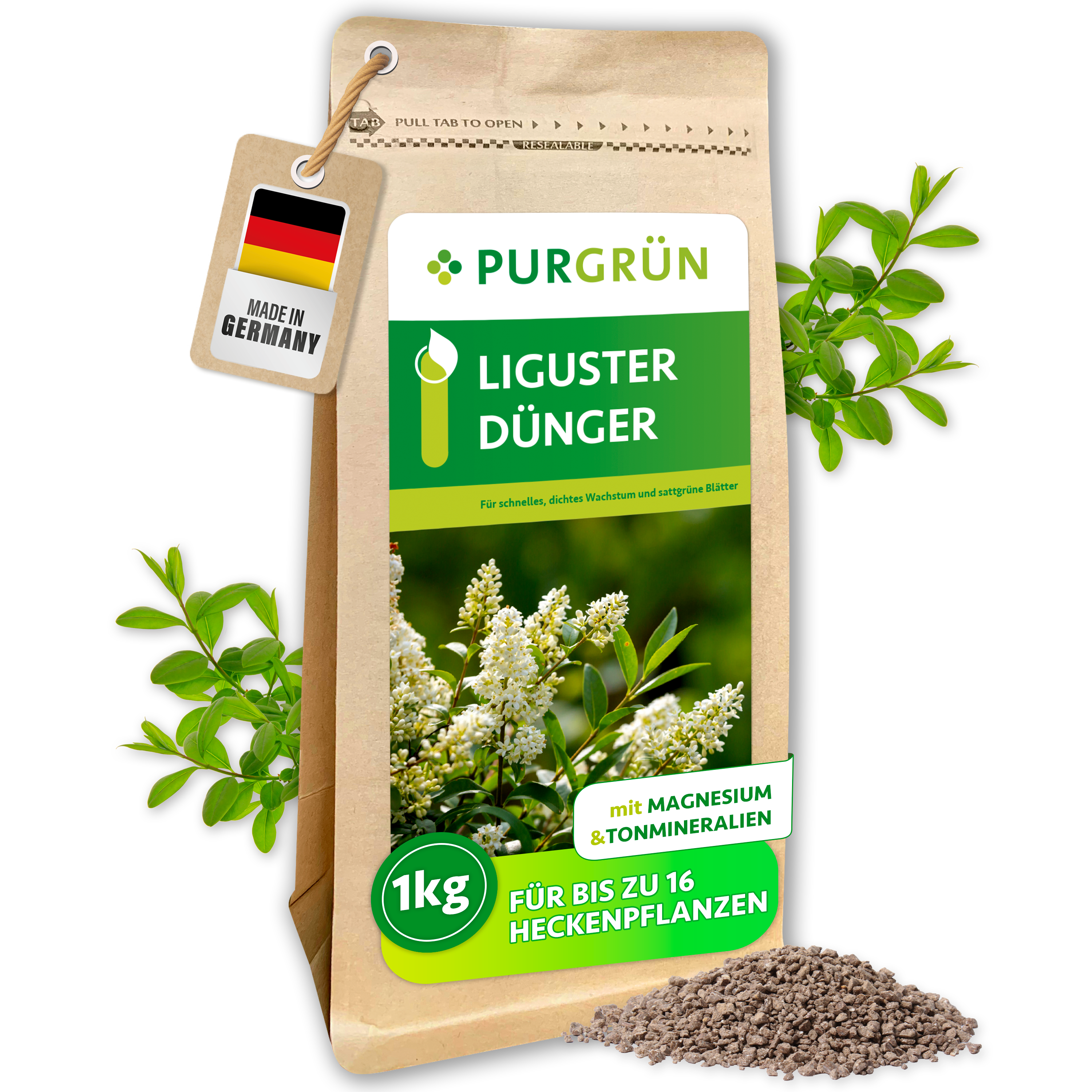 Purgrün / Liguster Dünger Granulat 1 kg, für dichte tiefgrüne Hecken, Sofort- & Langzeitwirkung