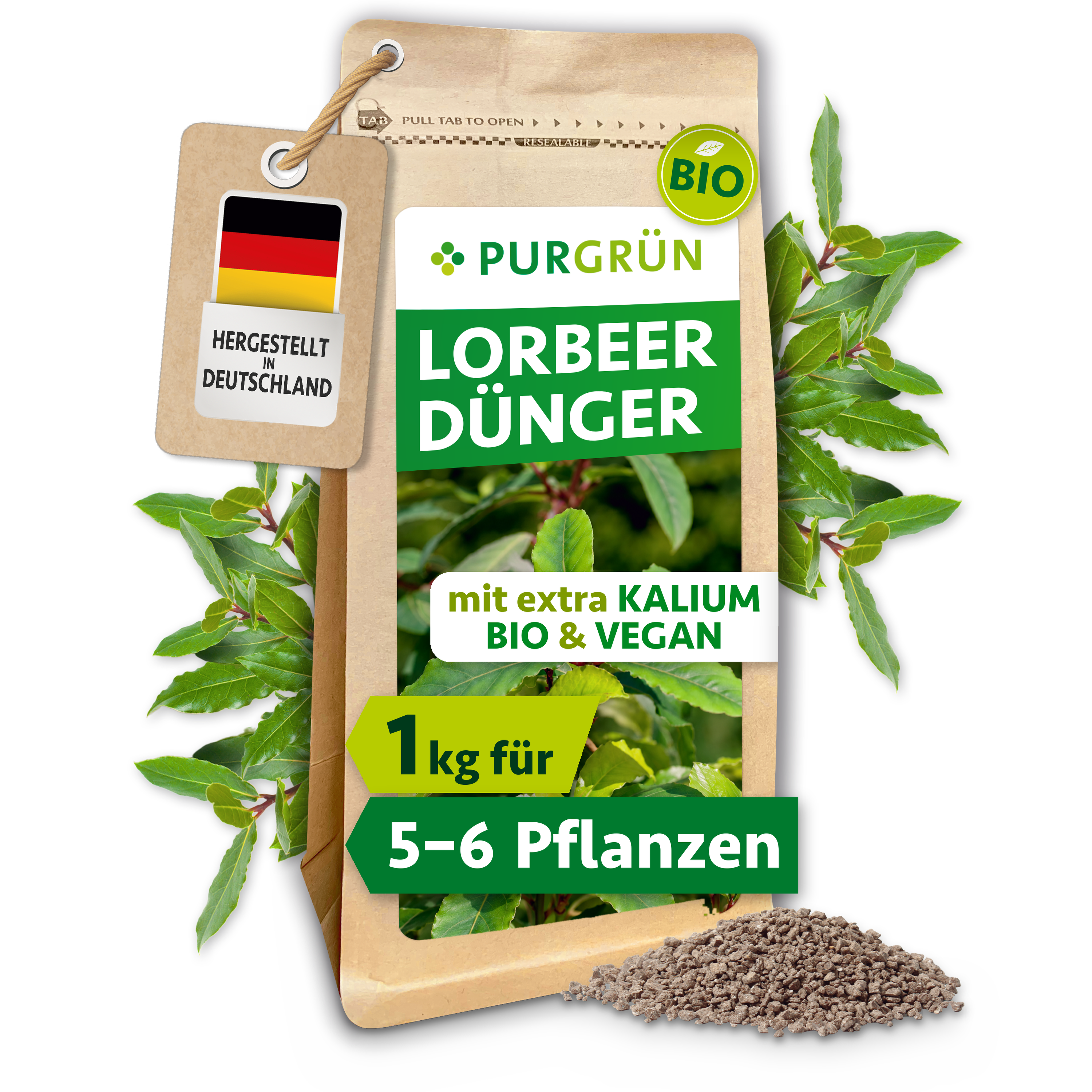 Purgrün | Lorbeer Dünger Bio Granulat 1 kg, organisch, für sattes Blattgrün, mit Langzeitwirkung