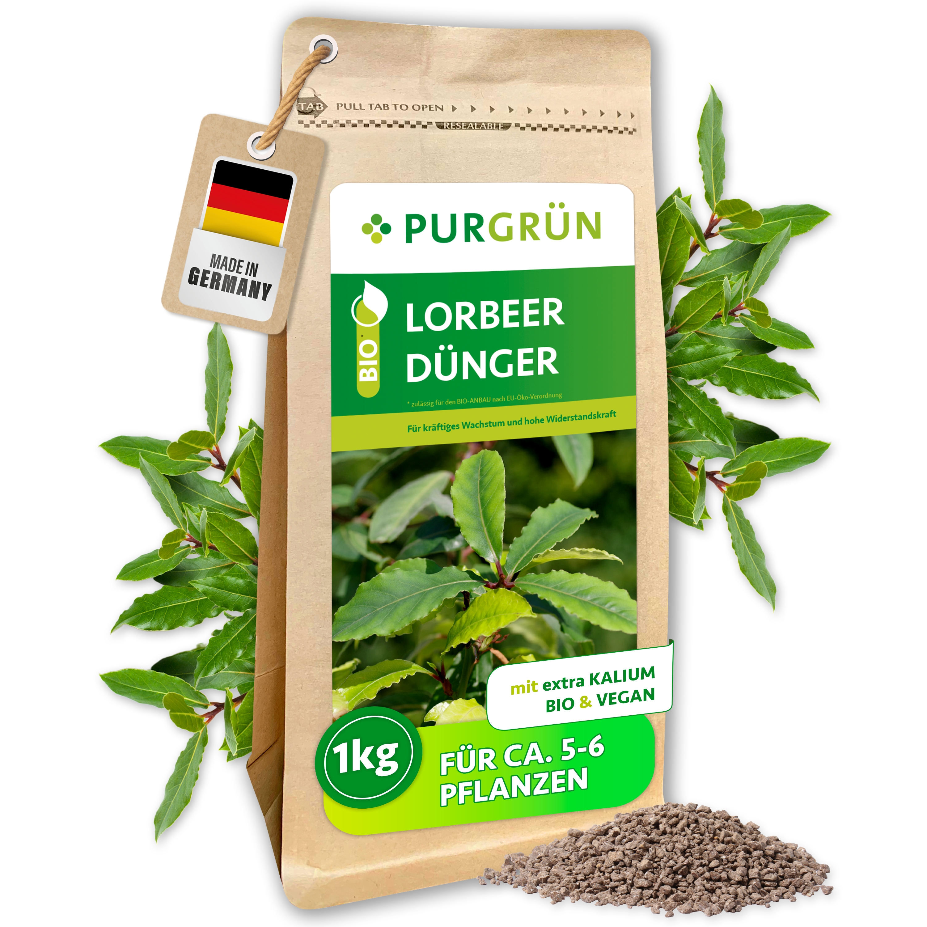 Purgrün / Lorbeer Dünger Bio Granulat 1 kg, organisch, für sattes Blattgrün, Sofort- & Langzeitwirkung