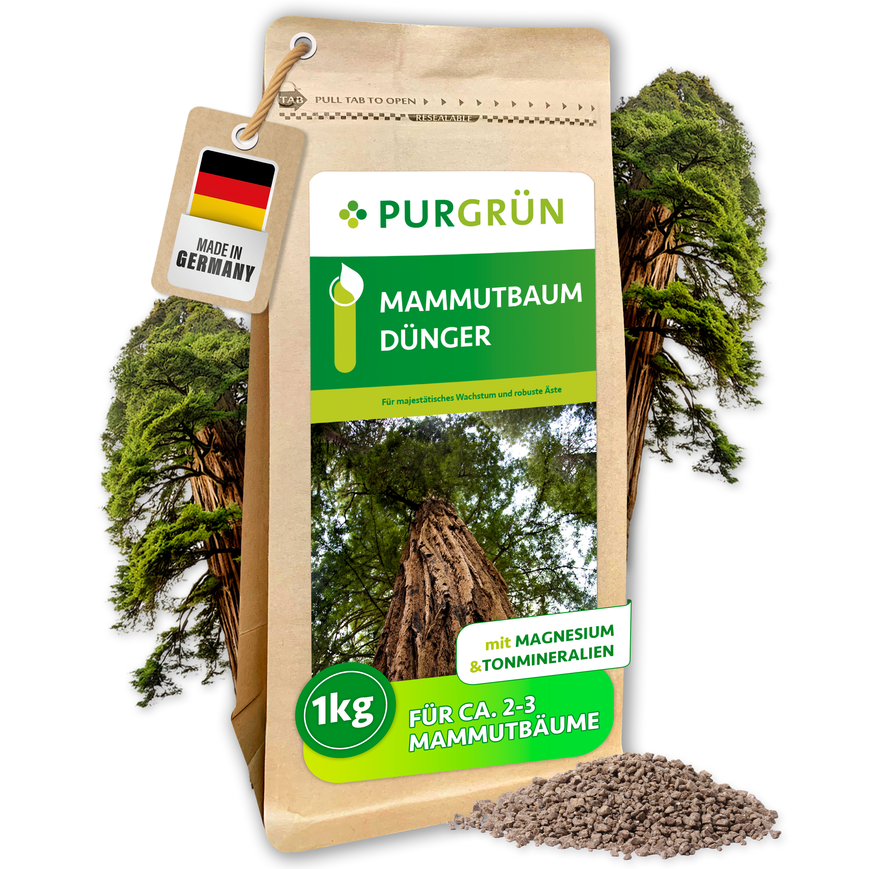 Mammutbaum Dünger Granulat 1 kg, für sattgrüne Nadeln, Sofort- & Langzeitwirkung – Purgrün