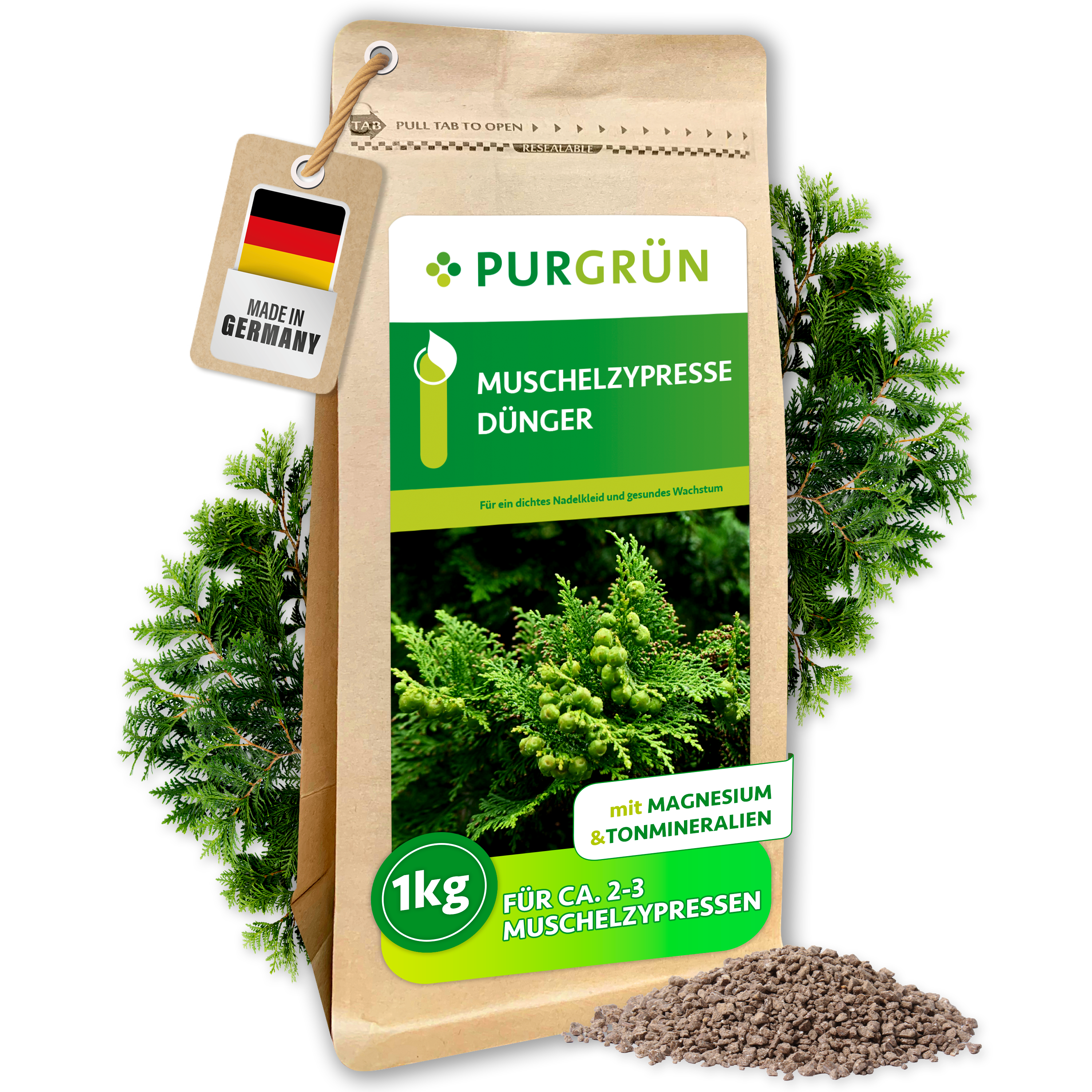 Muschelzypresse Dünger Granulat 1 kg, gegen Gelb- & Braunfärbung, Sofort- & Langzeitwirkung – Purgrün