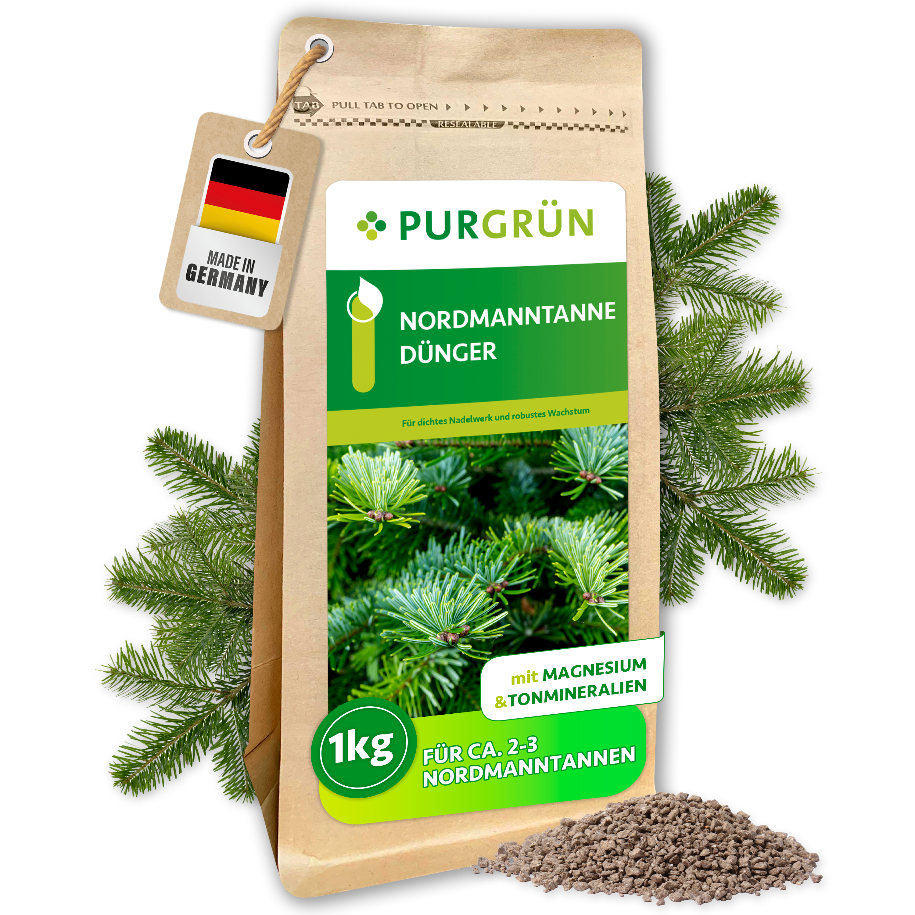Purgrün / Nordmanntanne Dünger Granulat 1 kg, gegen Nadelausbleichen, Sofort- & Langzeitwirkung