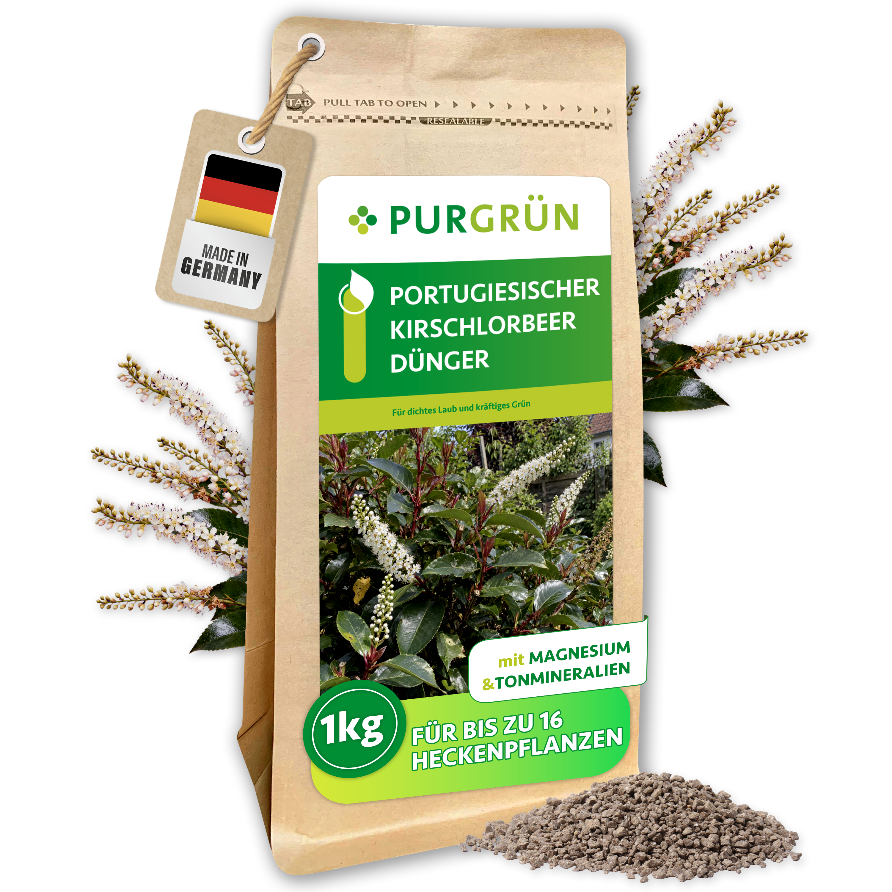 Portugiesischer Kirschlorbeer Dünger Granulat 1 kg, für dichte Hecken & sattes Laub, mit Magnesium – Purgrün