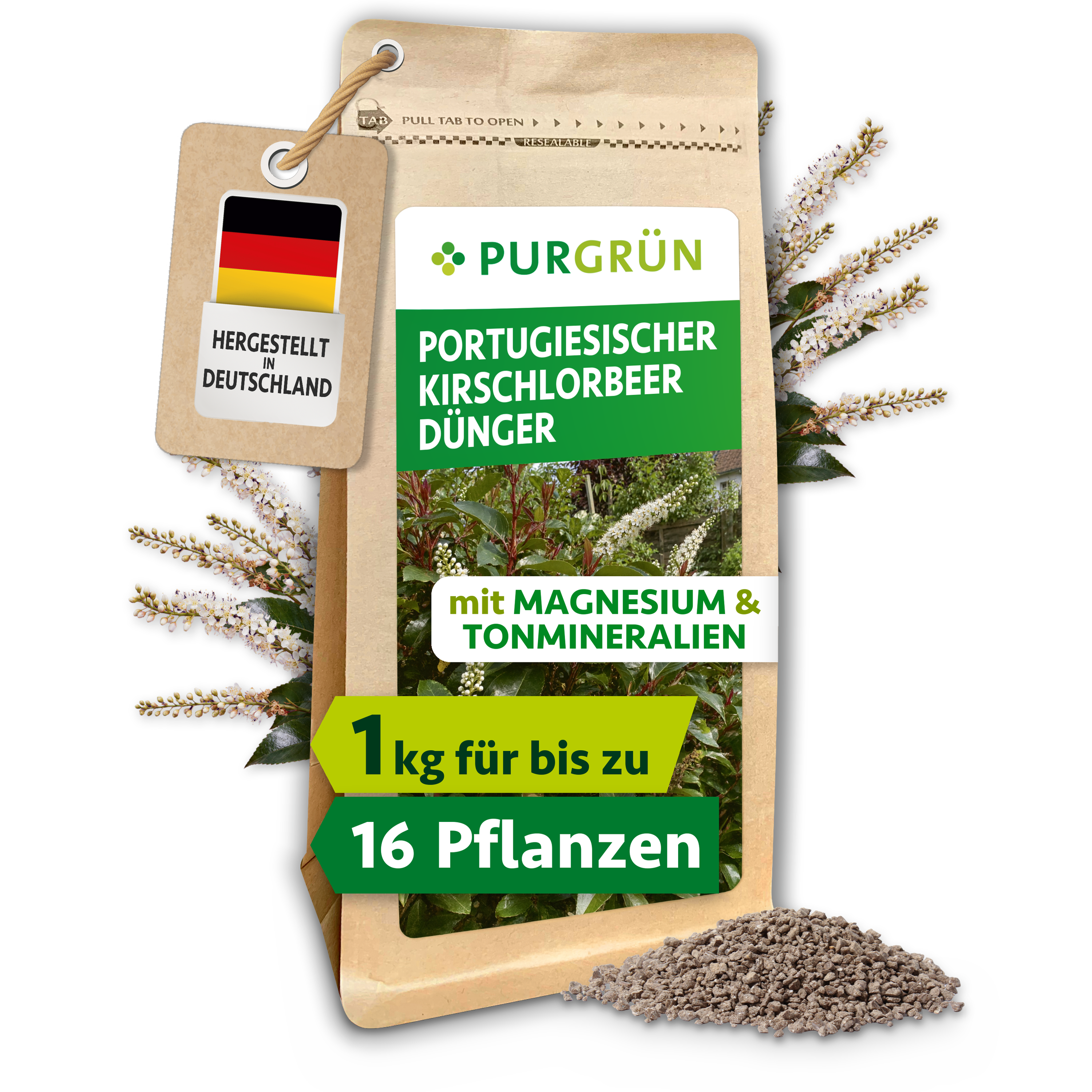 Portugiesischer Kirschlorbeer Dünger Granulat 1 kg, für dichte Hecken & sattes Laub, mit Magnesium – Purgrün