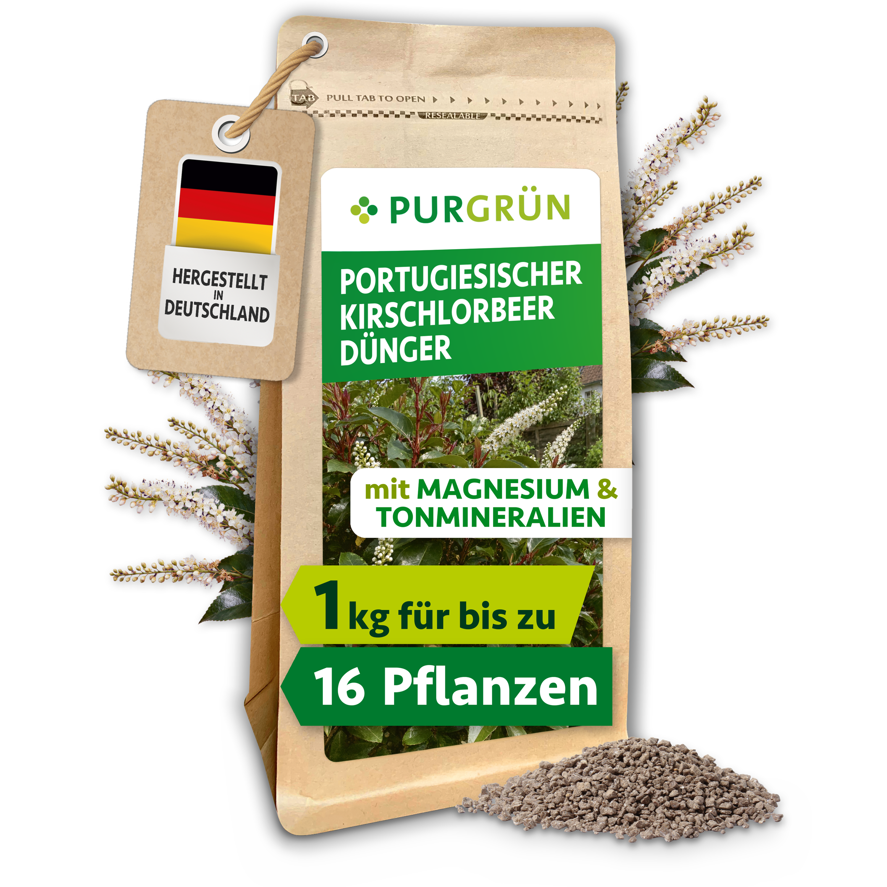 Portugiesischer Kirschlorbeer Dünger Granulat 1 kg, für dichte Hecken & sattes Laub, mit Magnesium – Purgrün