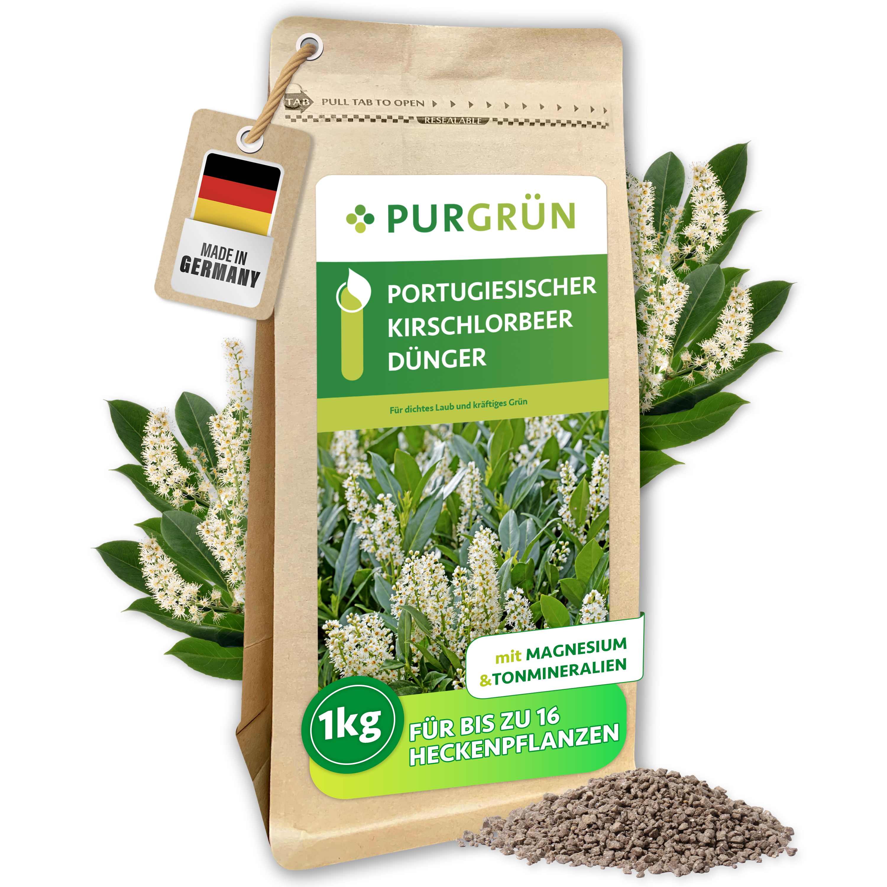 Portugiesischer Kirschlorbeer Dünger Granulat 1 kg, für dichte Hecken & sattes Laub, mit Magnesium – Purgrün