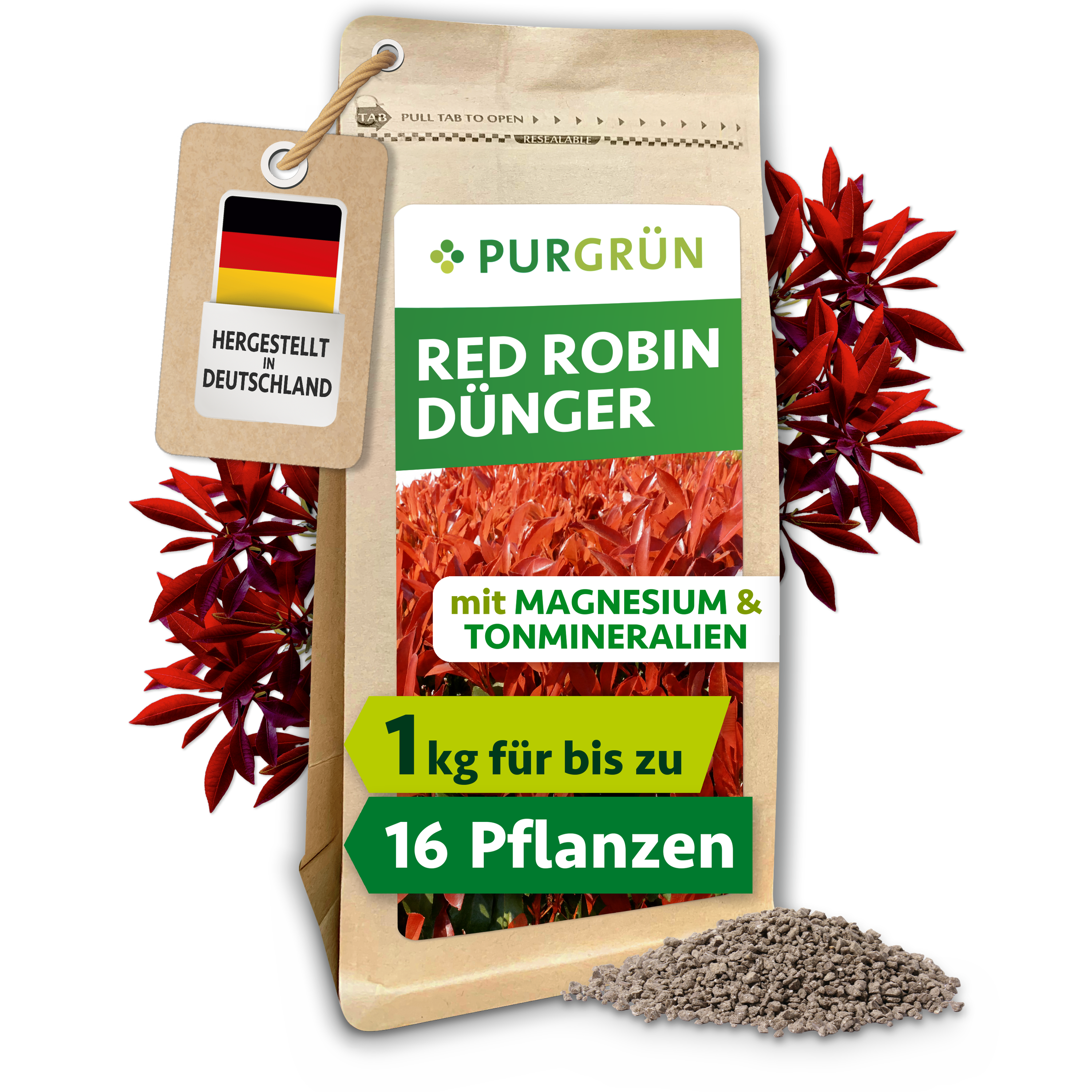 Glanzmispel Red Robin Dünger Granulat 1 kg für bis zu 16 Pflanzen, mit Magnesium für intensives Rot – Purgrün