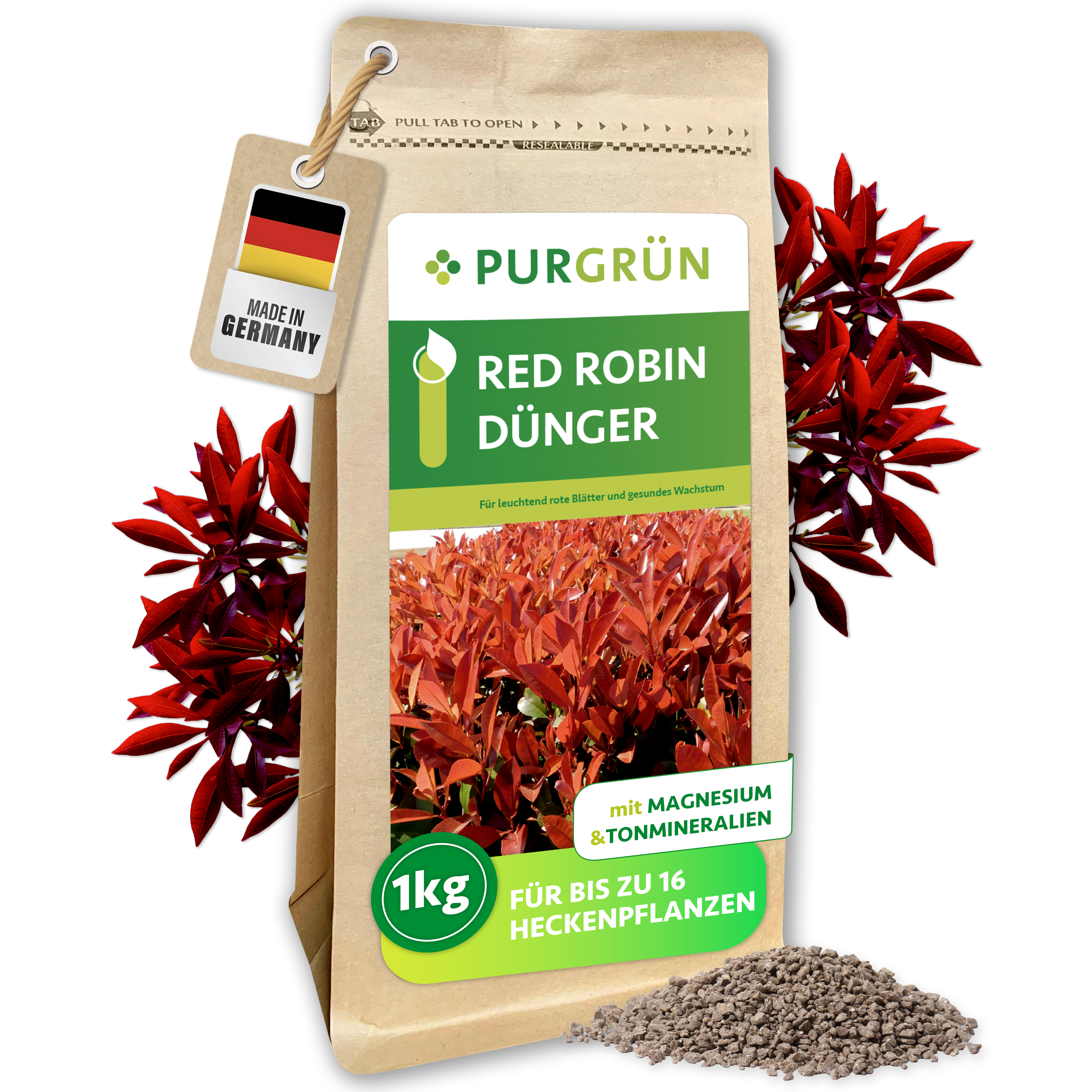 Glanzmispel Red Robin Dünger Granulat 1 kg für bis zu 16 Pflanzen, mit Magnesium für intensives Rot – Purgrün