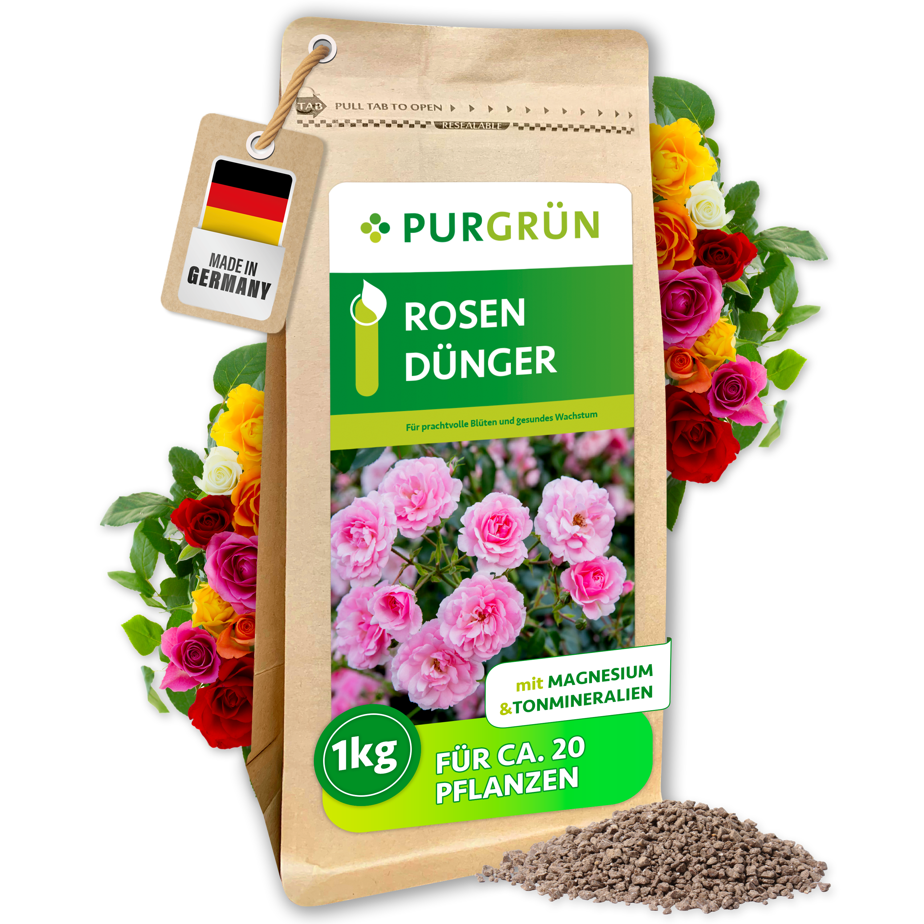 Rosendünger Granulat 1 kg, für üppige Blüten, gegen Blattverfärbungen, mit Langzeitwirkung – Purgrün