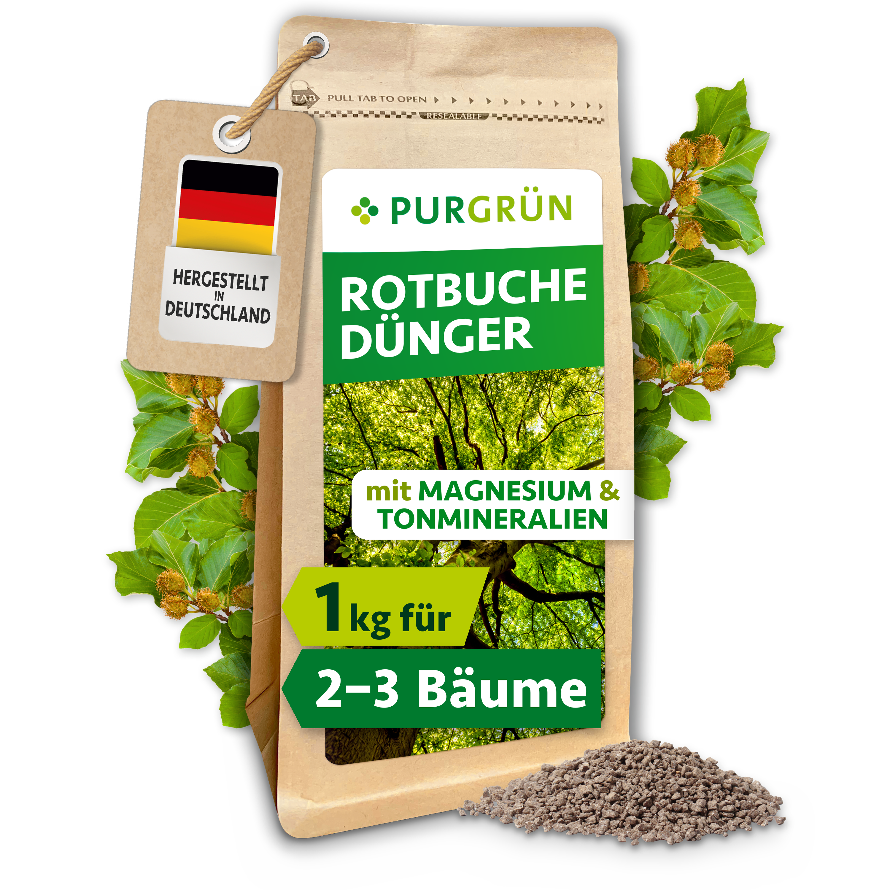 Purgrün | Rotbuche Dünger Granulat 1 kg, für sattes Blattgrün, mit Langzeitwirkung