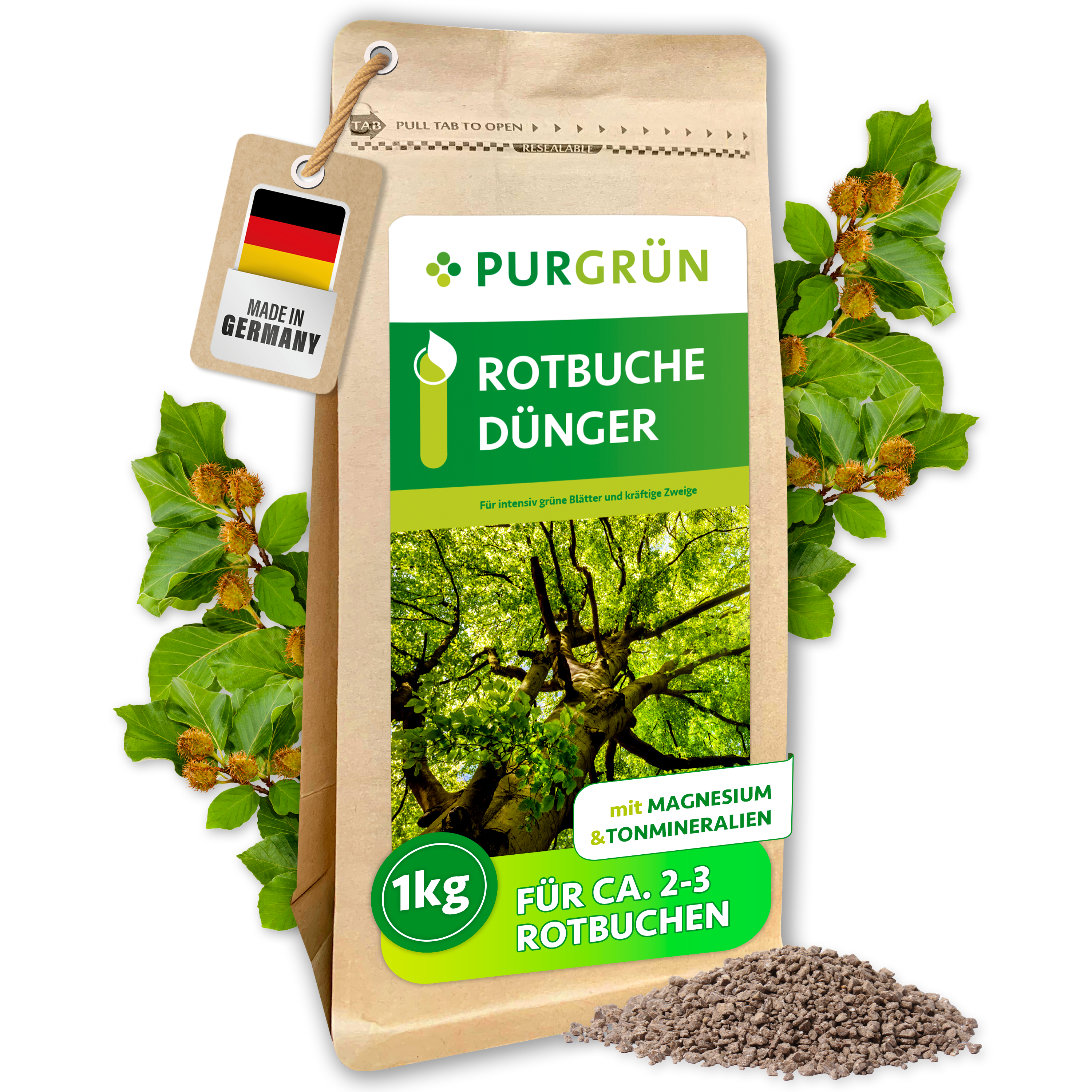 Purgrün / Rotbuche Dünger Granulat 1 kg, für sattes Blattgrün, mit Langzeitwirkung