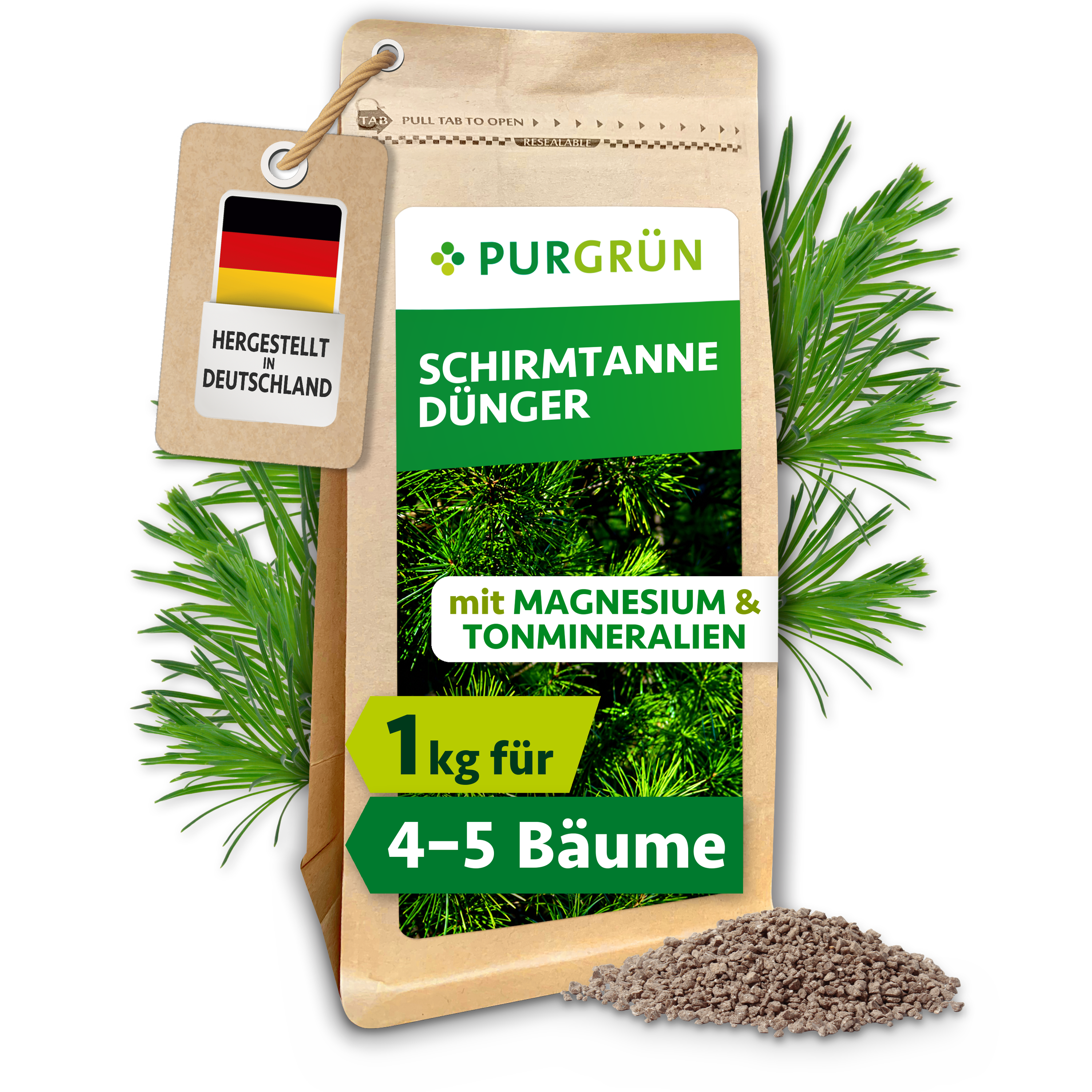 Purgrün | Schirmtanne Dünger Granulat 1 kg, mit Magnesium, mit Langzeitwirkung