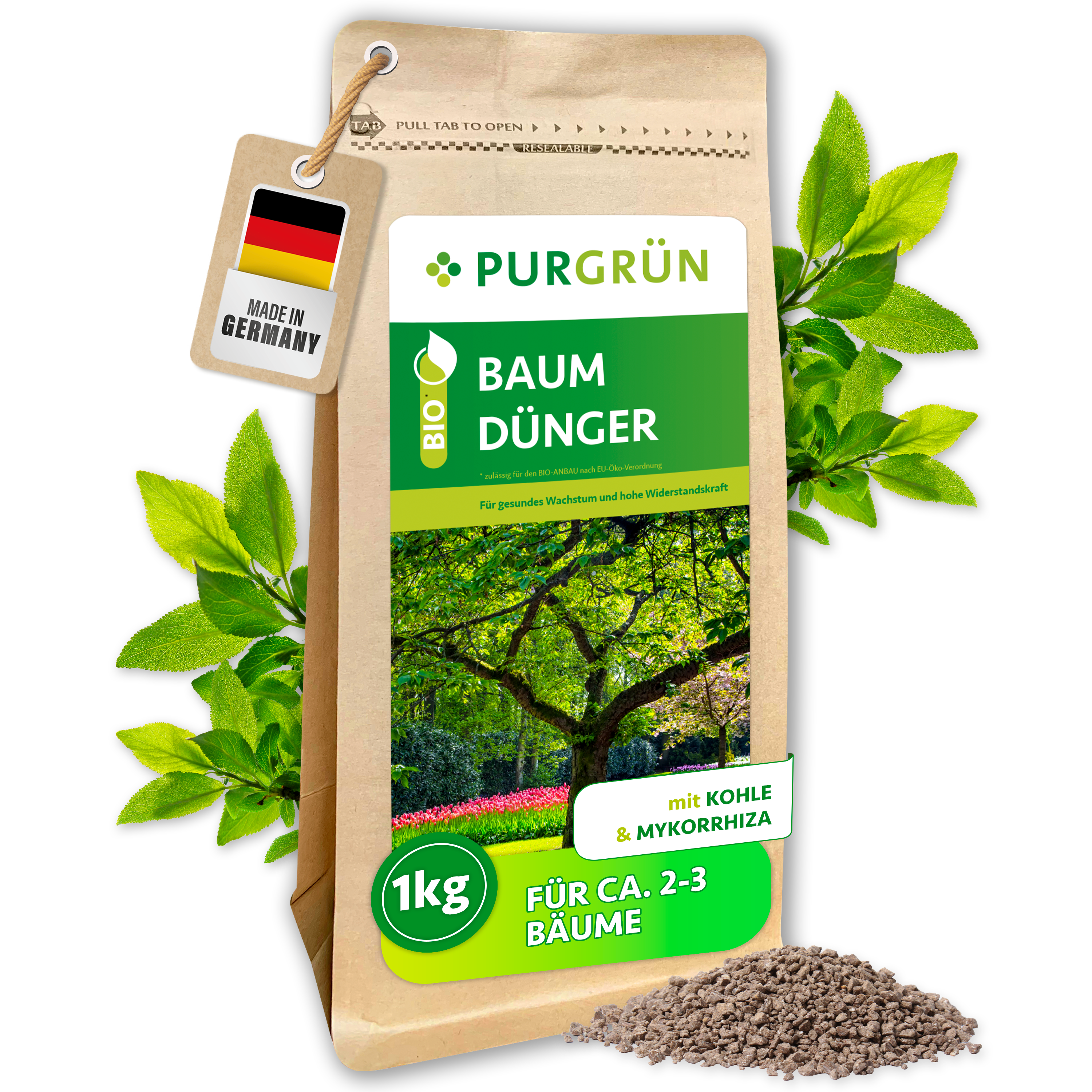 Baumdünger Bio Granulat 1 kg, organisch-mineralisch, mit Pflanzenkohle und Mykorrhiza – Purgrün