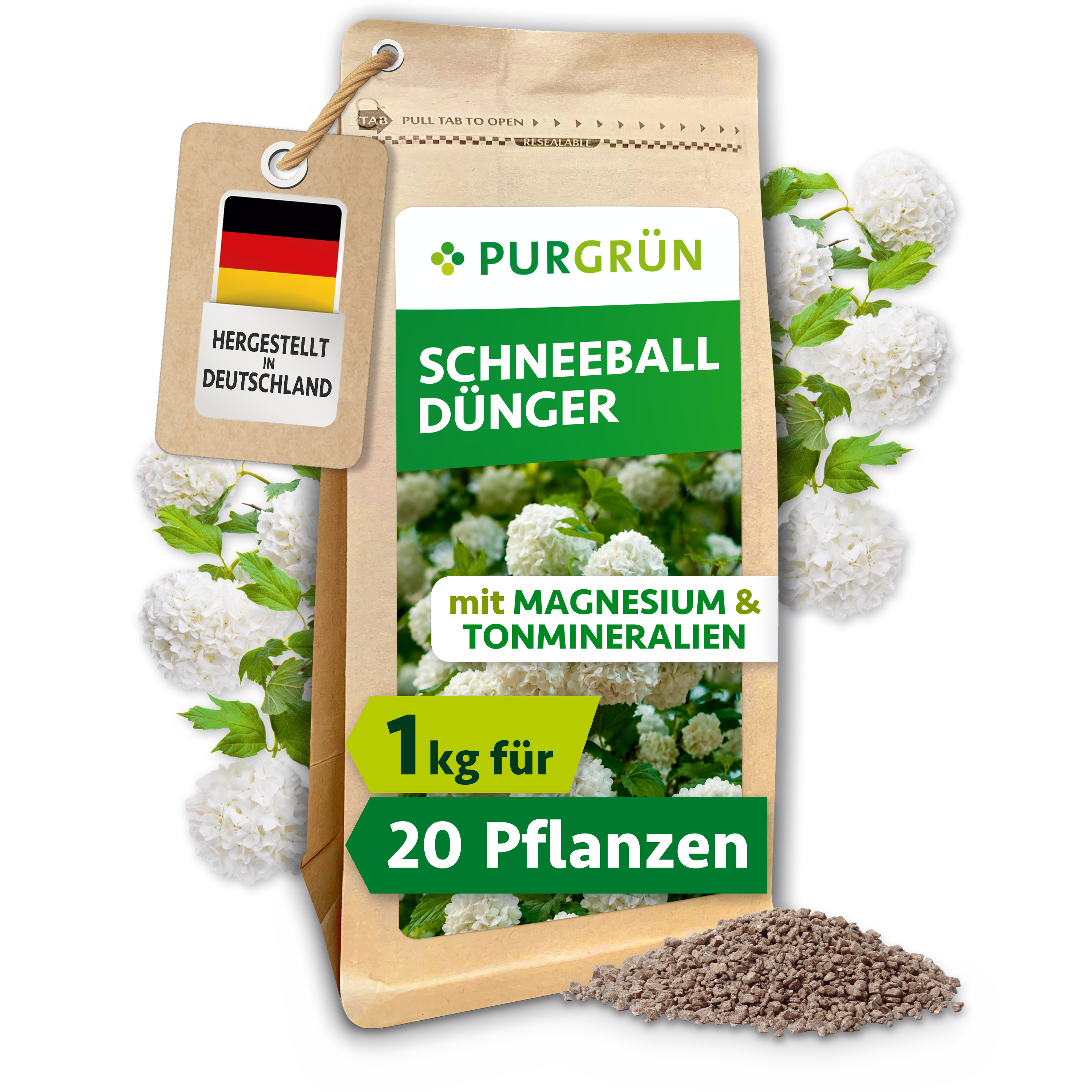 Purgrün | Schneeball Dünger Granulat 1 kg, für dichte Blütenbälle, Langzeitwirkung
