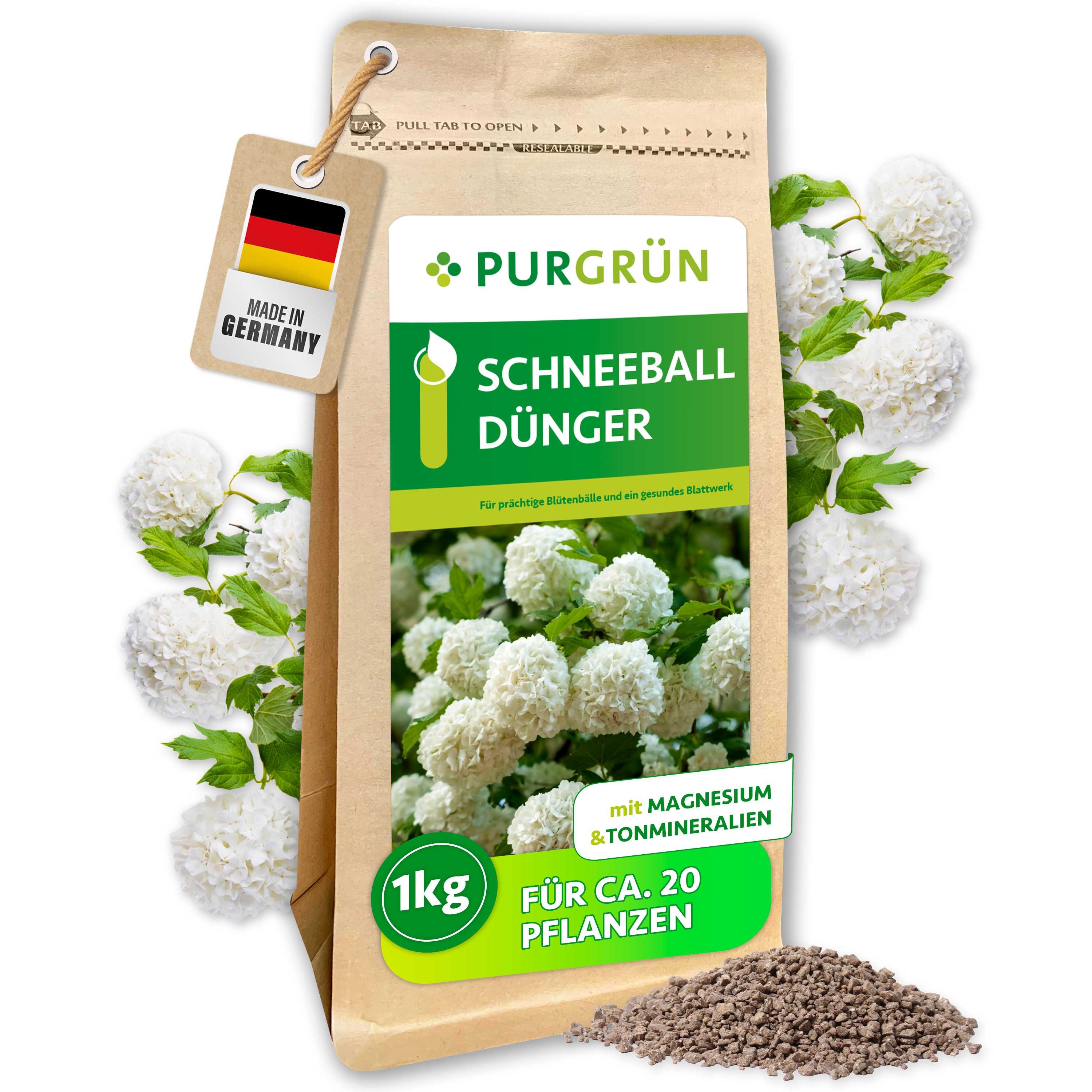 Purgrün / Schneeball Dünger Granulat 1 kg, für dichte Blütenbälle, Sofort- & Langzeitwirkung
