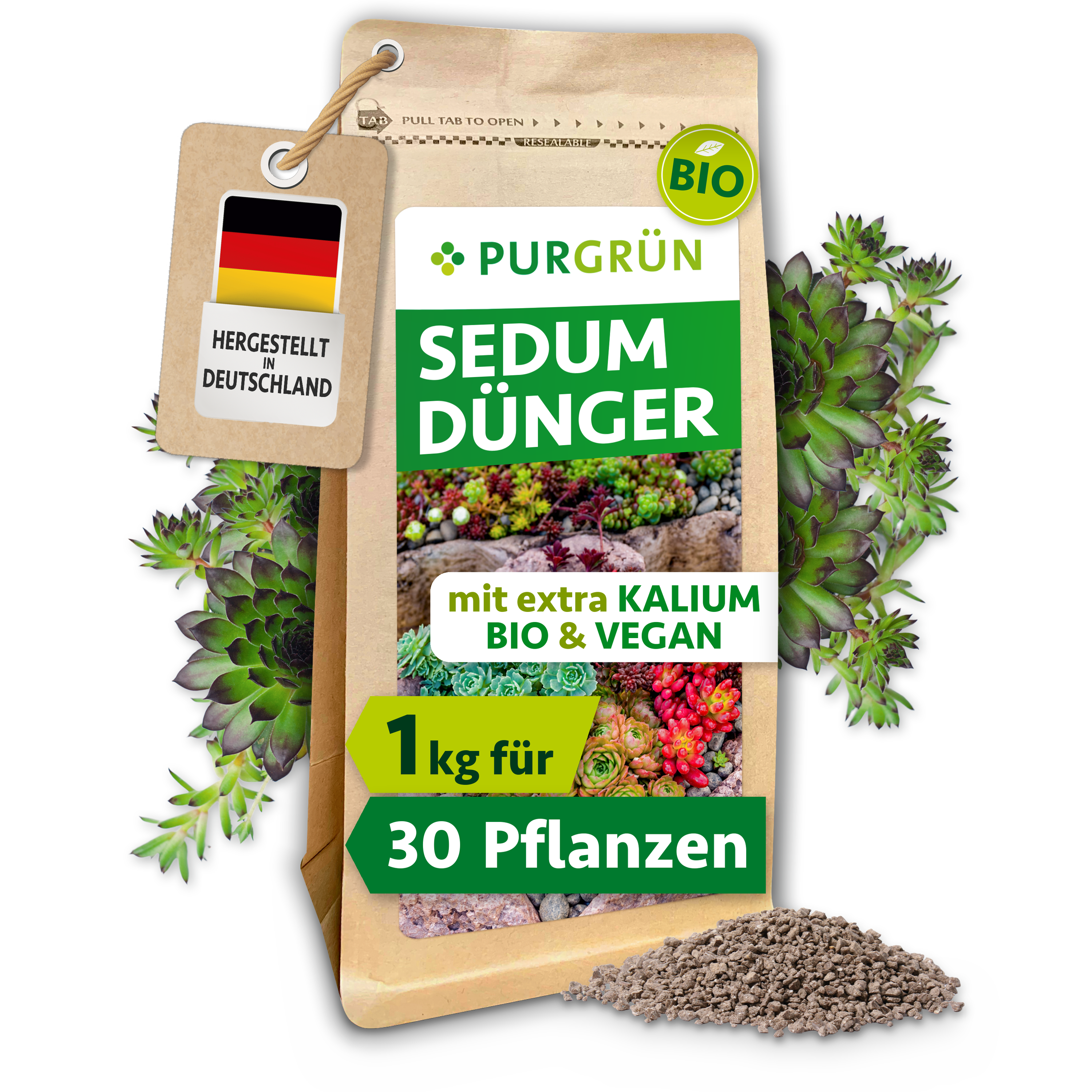 Sedum Dünger Bio Granulat 1 kg, vegan, für farbintensive Polster, mit Langzeitwirkung – Purgrün