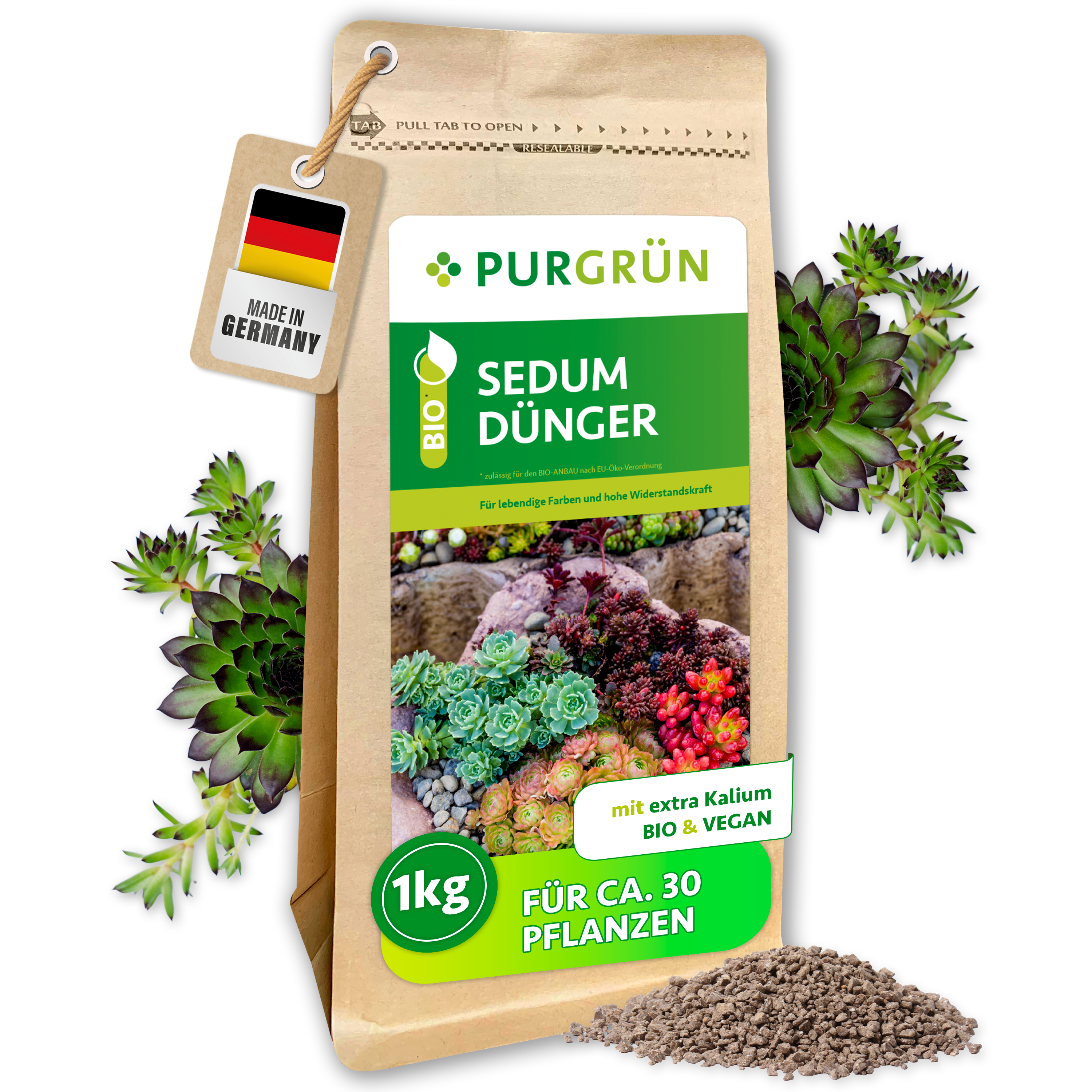 Sedum Dünger Bio Granulat 1 kg, vegan, für farbintensive Polster, mit Langzeitwirkung – Purgrün