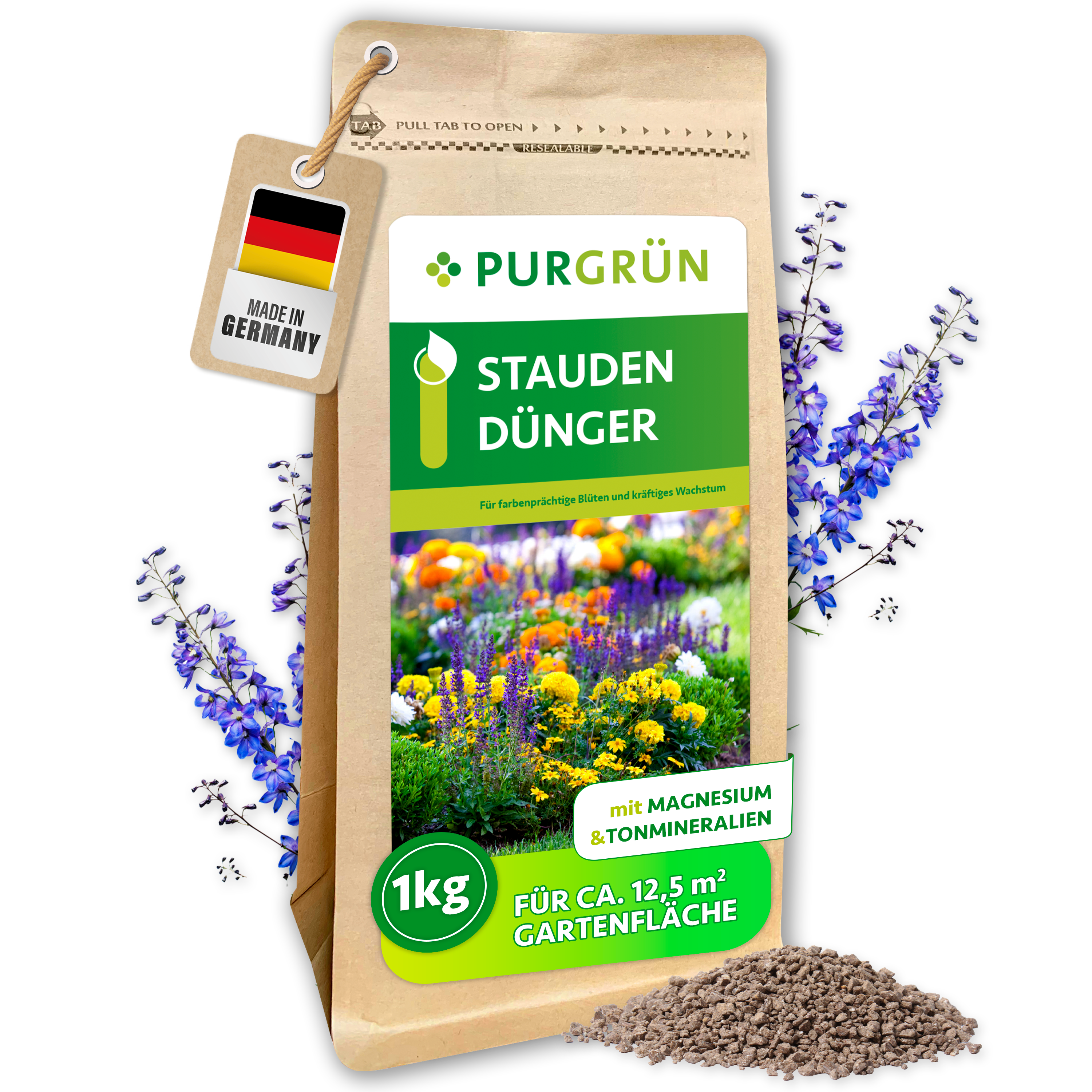 Purgrün / Staudendünger Granulat 1 kg, für üppige Blüten, Sofort- & Langzeitwirkung