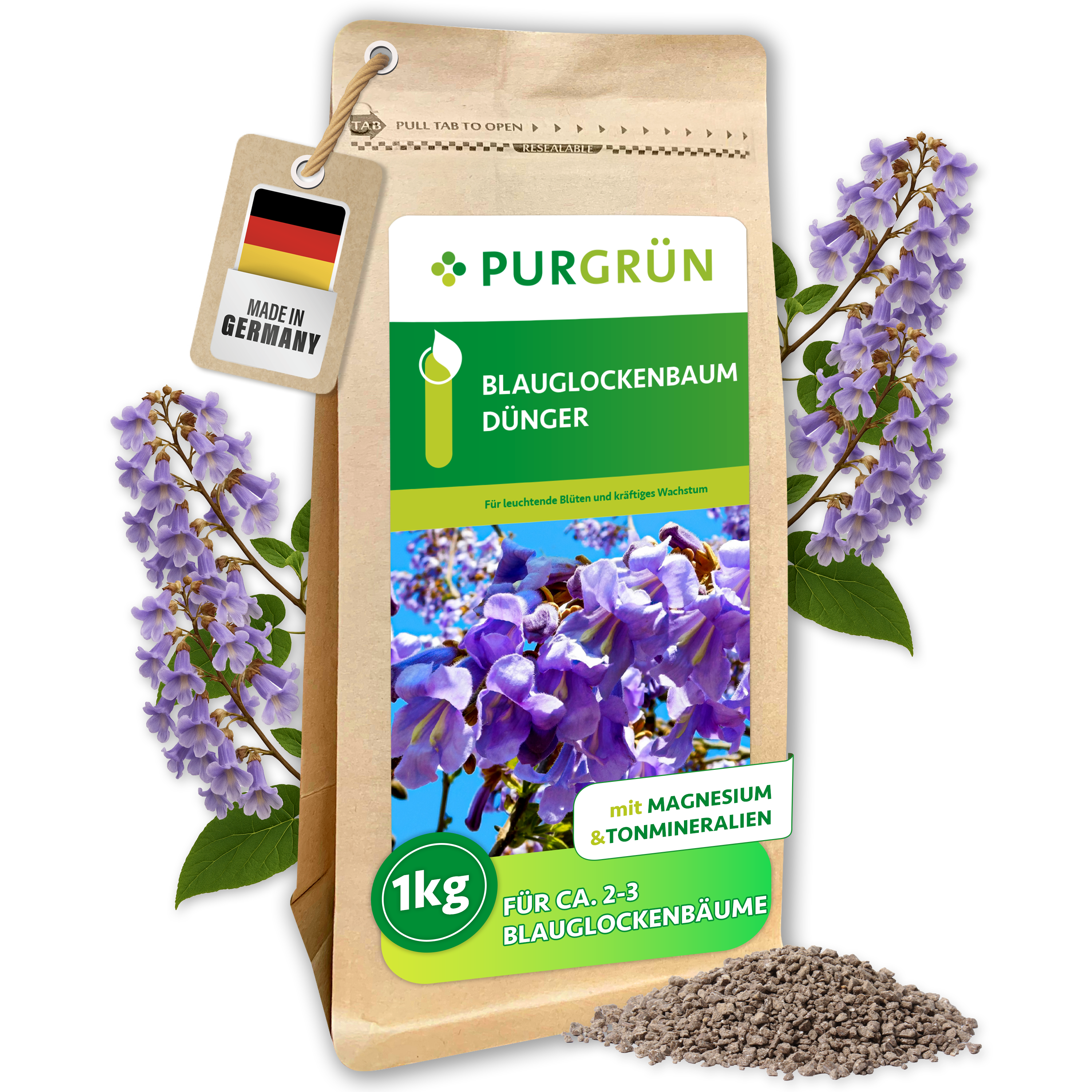 Blauglockenbaum Dünger Granulat 1 kg, für kräftige Blüten, gegen Blattverfärbungen – Purgrün