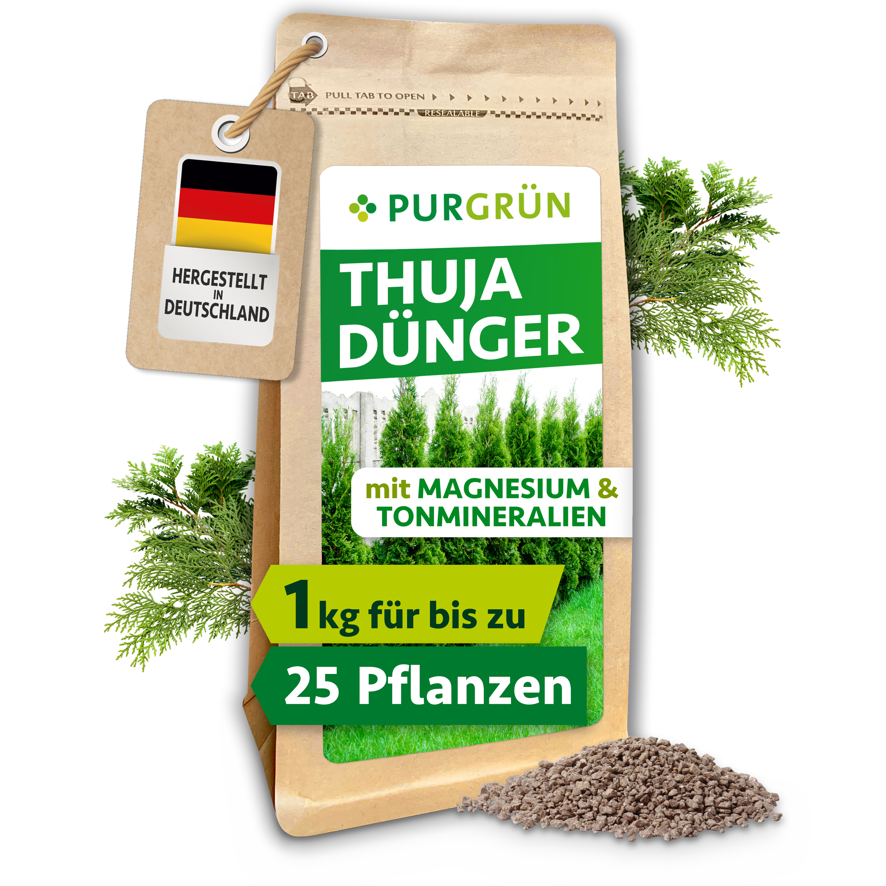 Purgrün | Thuja Dünger Granulat 1 kg, mit Magnesium für sattgrüne Nadeln, Langzeitwirkung