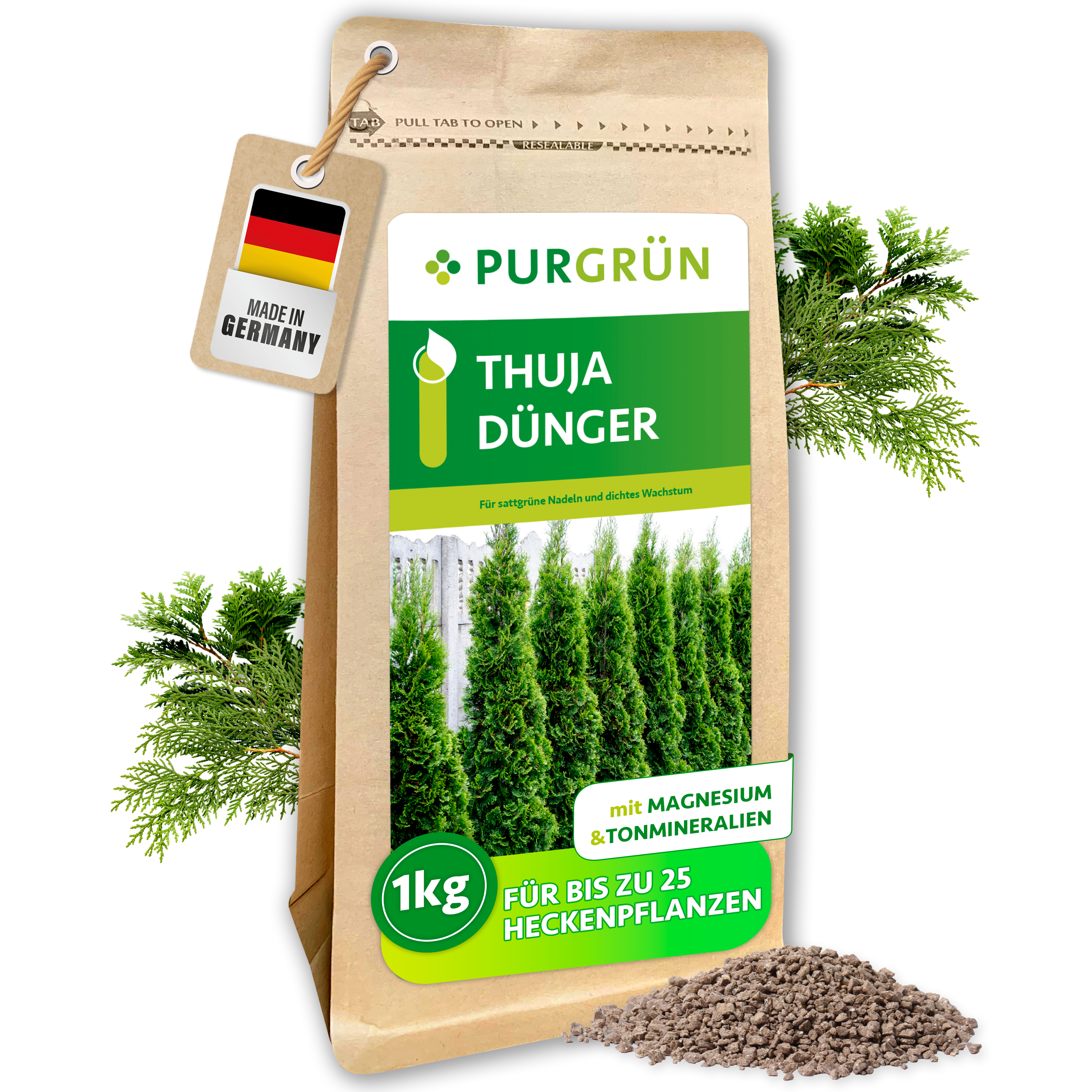 Purgrün / Thuja Dünger Granulat 1 kg, mit Magnesium für sattgrüne Nadeln, Sofort- & Langzeitwirkung